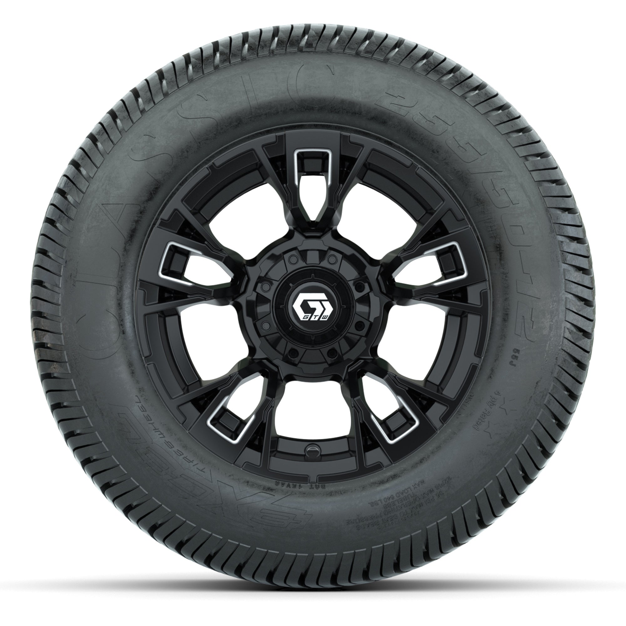 GTW® Vandal Matte Black/Machined 12 in Wheels with 255/50-12 Excel Classic Street Tires – Full Set