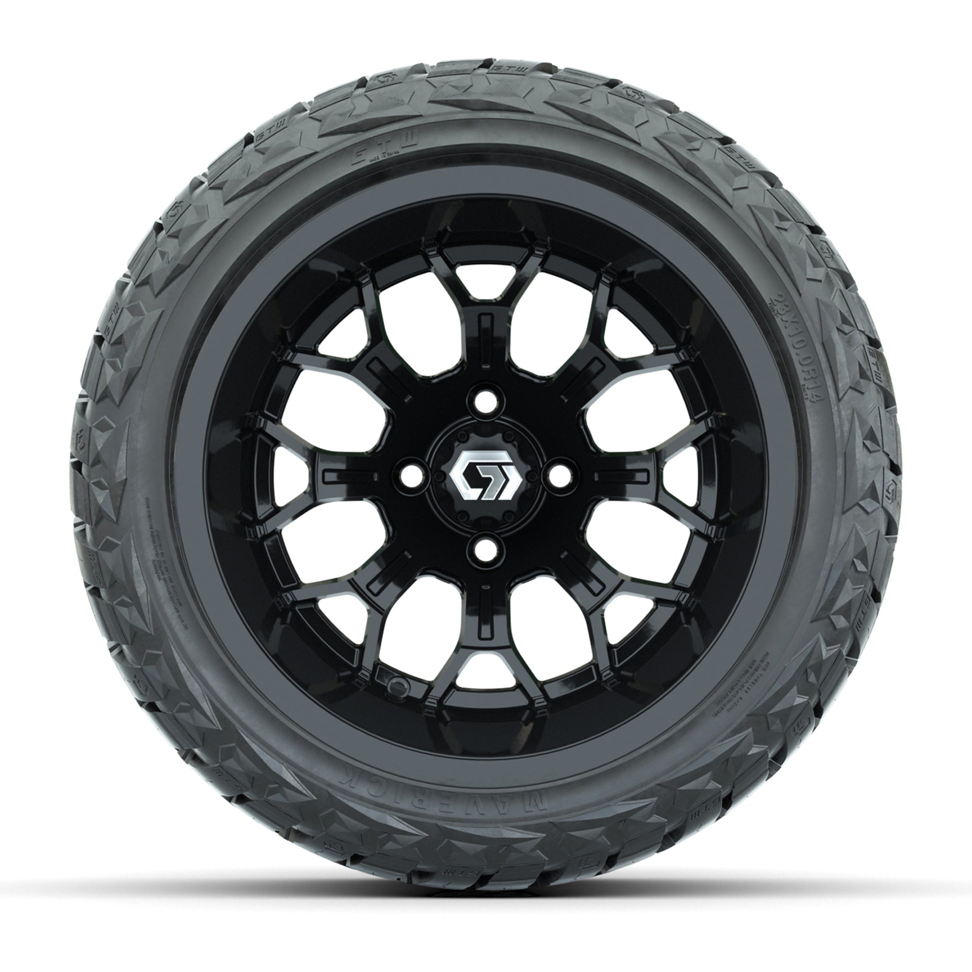 GTW Assault Gloss Black 14 in Wheels with 23X10-R14 Maverick Steel Belted Radial All-Terrain Tires – Full Set