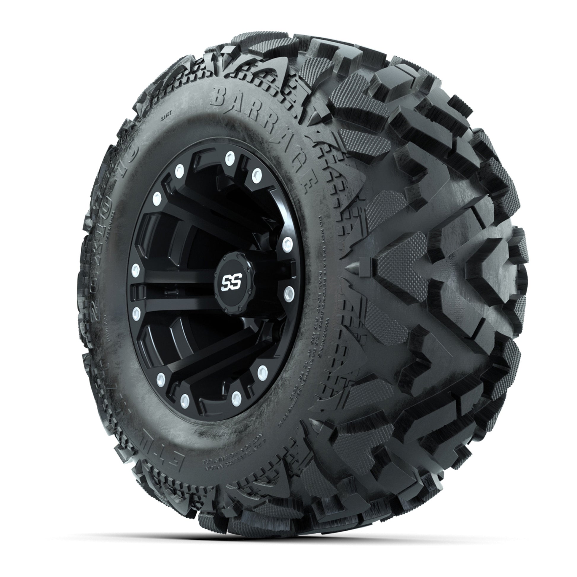 Set of (4) GTW® 10 inch Specter Matte Black Wheels on Barrage Mud Tires