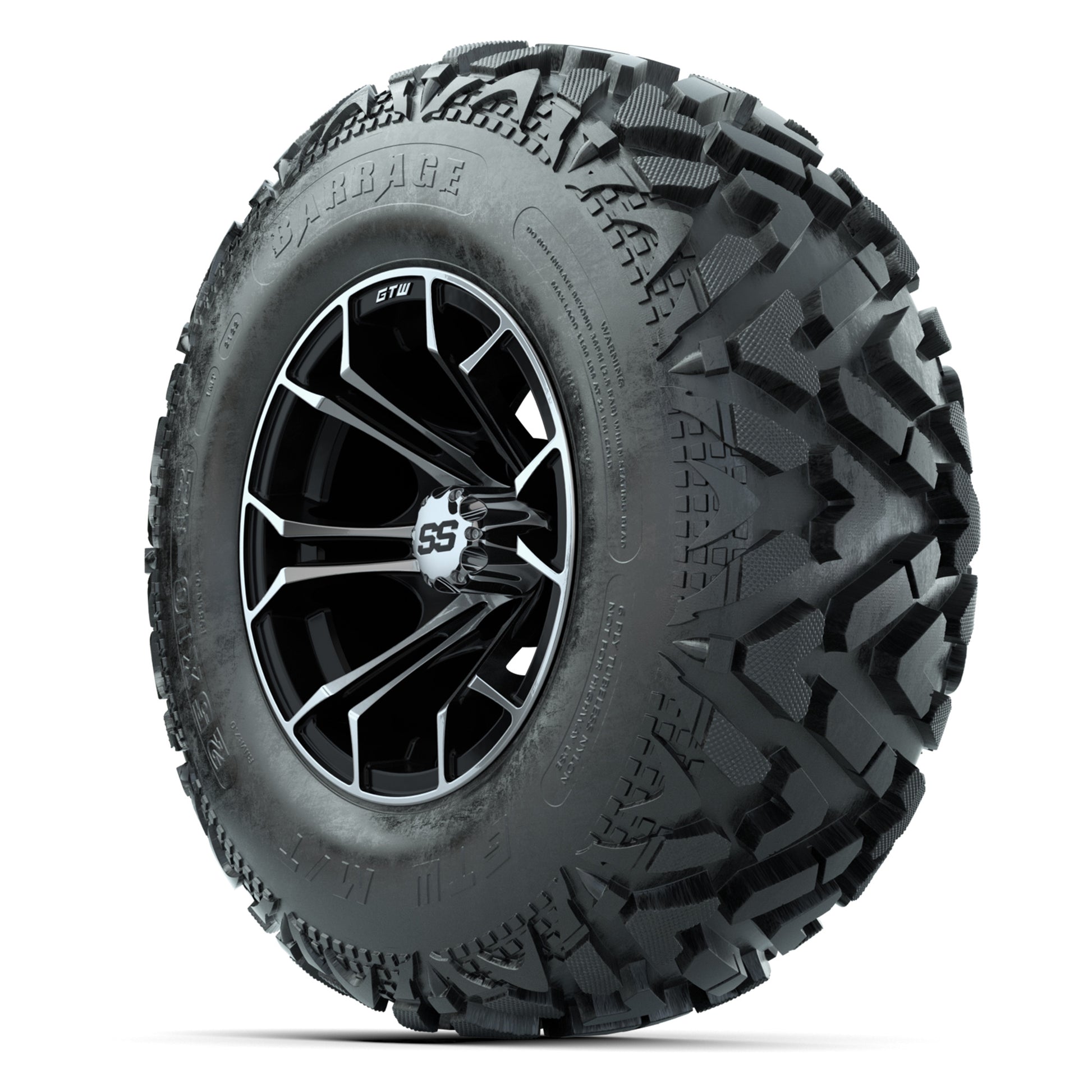 GTW® Spyder Black/Machined 12 in Wheels with 25X10-12 Barrage Mud Tires – Full Set