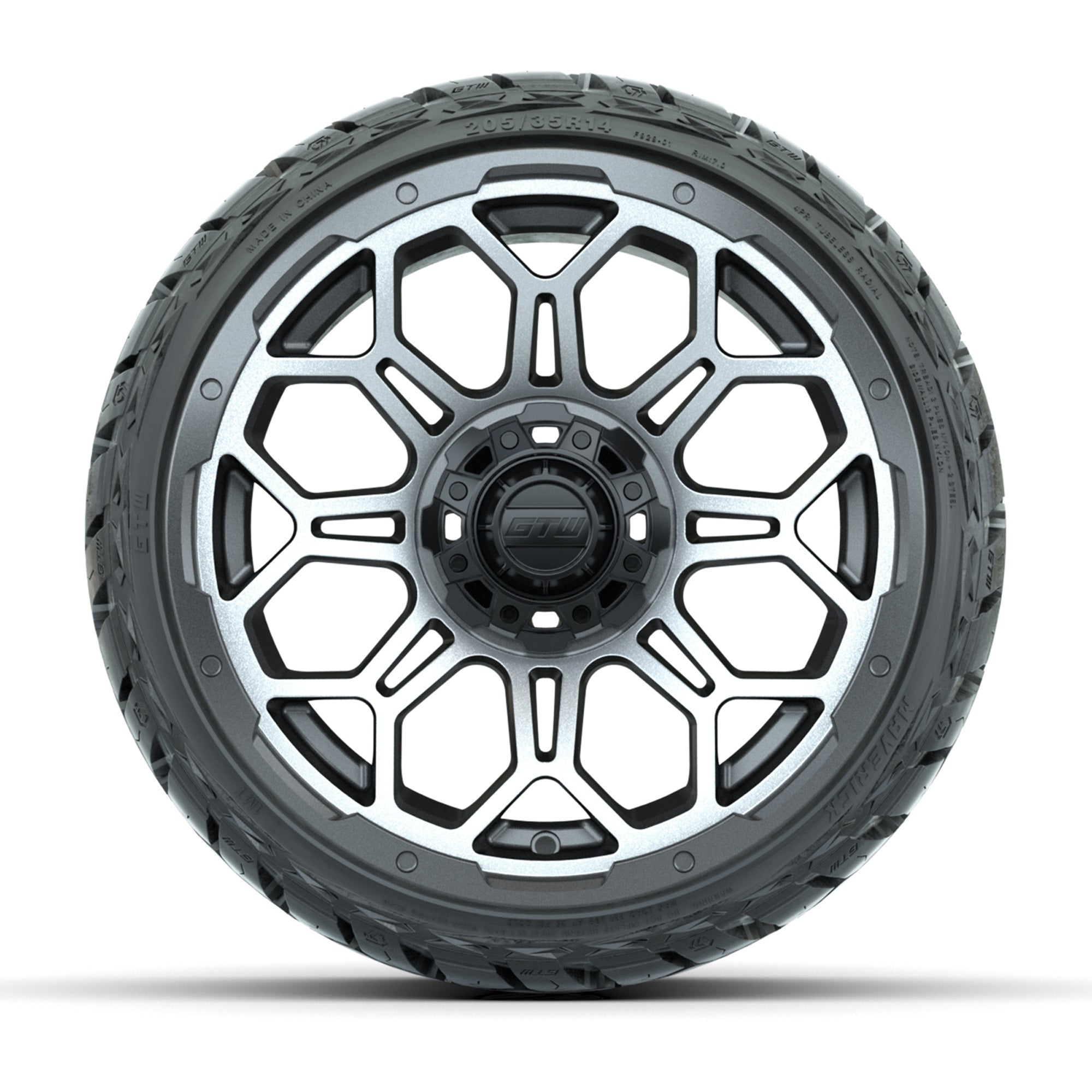 GTW® Bravo Matte Gray/Machined 14 in Wheels with 205/35-R14  - 3/4 view