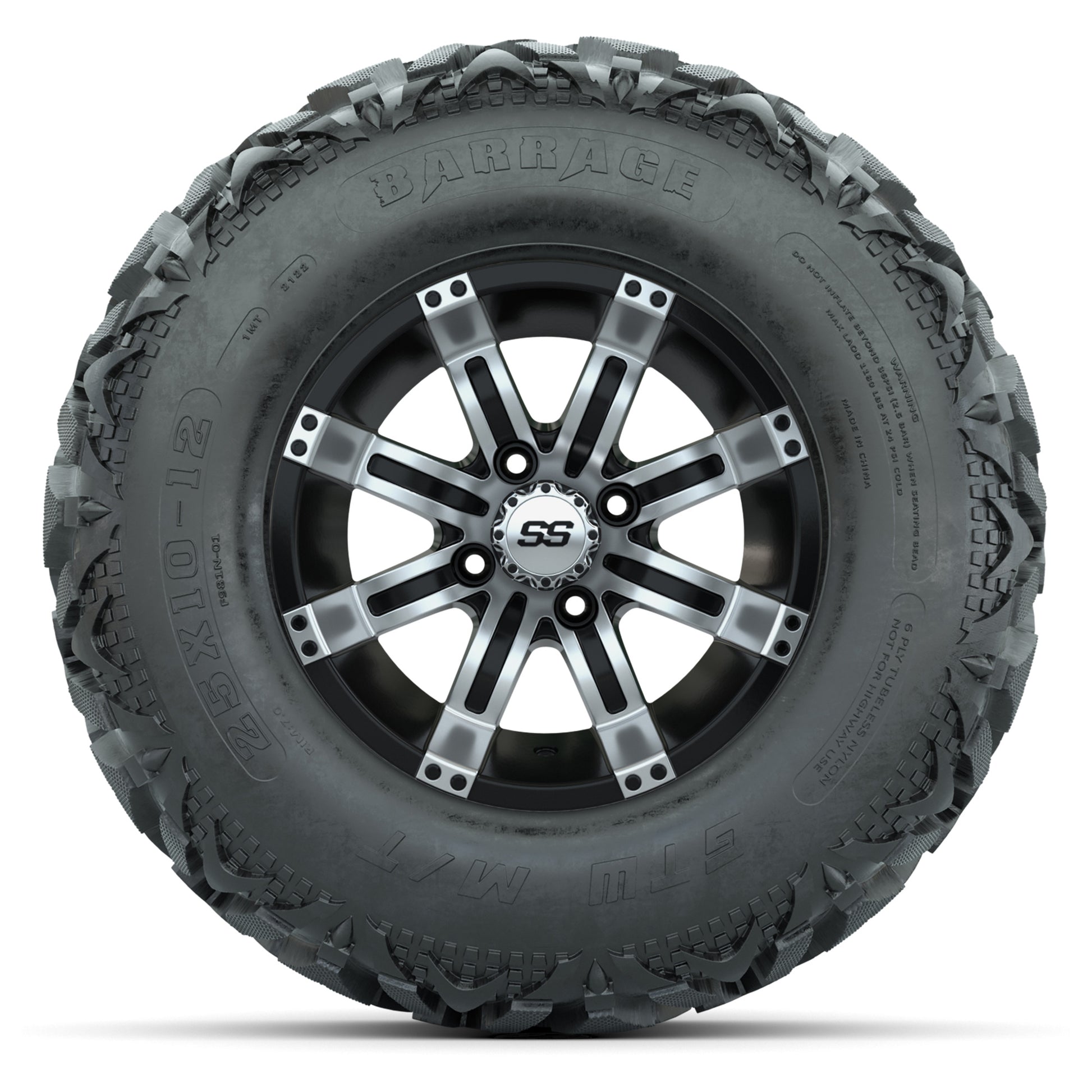 GTW® Tempest Black/Machined 12 in Wheels with 25X10-12 Barrage Mud Tires – Full Set