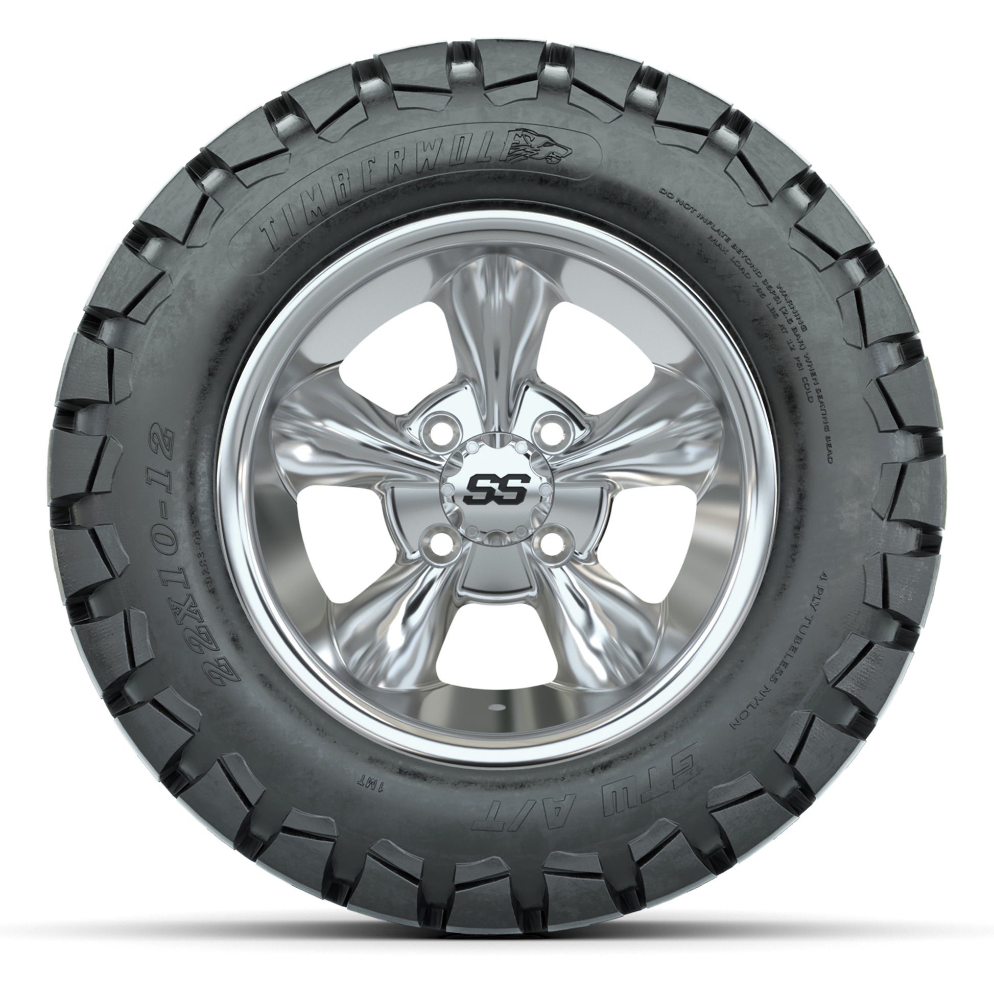 GTW® Godfather Chrome 12 in Wheels with 22X10-12 Timberwolf All-Terrain Tires – Full Set
