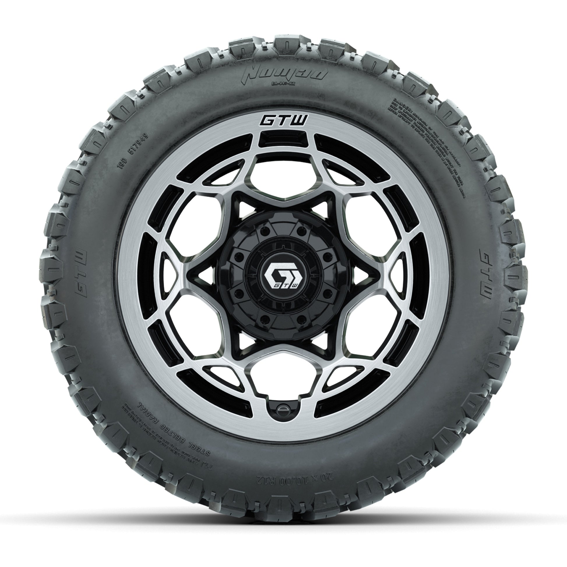 GTW® Nexus Black with Silver Face 12 in Wheels with 20X10-12 Nomad Steel Belt Radial All-Terrain Tires – Full Set