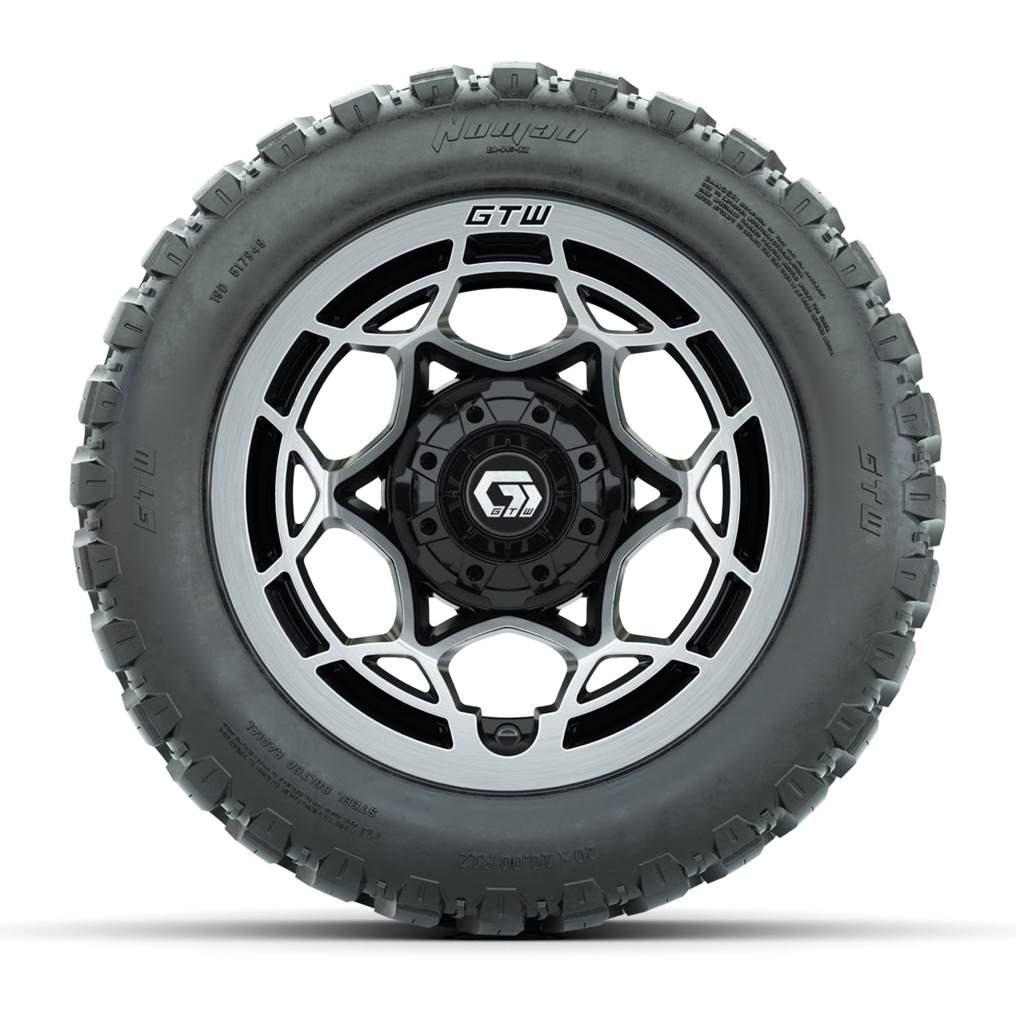 GTW® Nexus Black with Silver Face 12 in Wheels with 20X10-12 Nomad Steel Belt Radial All-Terrain Tires – Full Set
