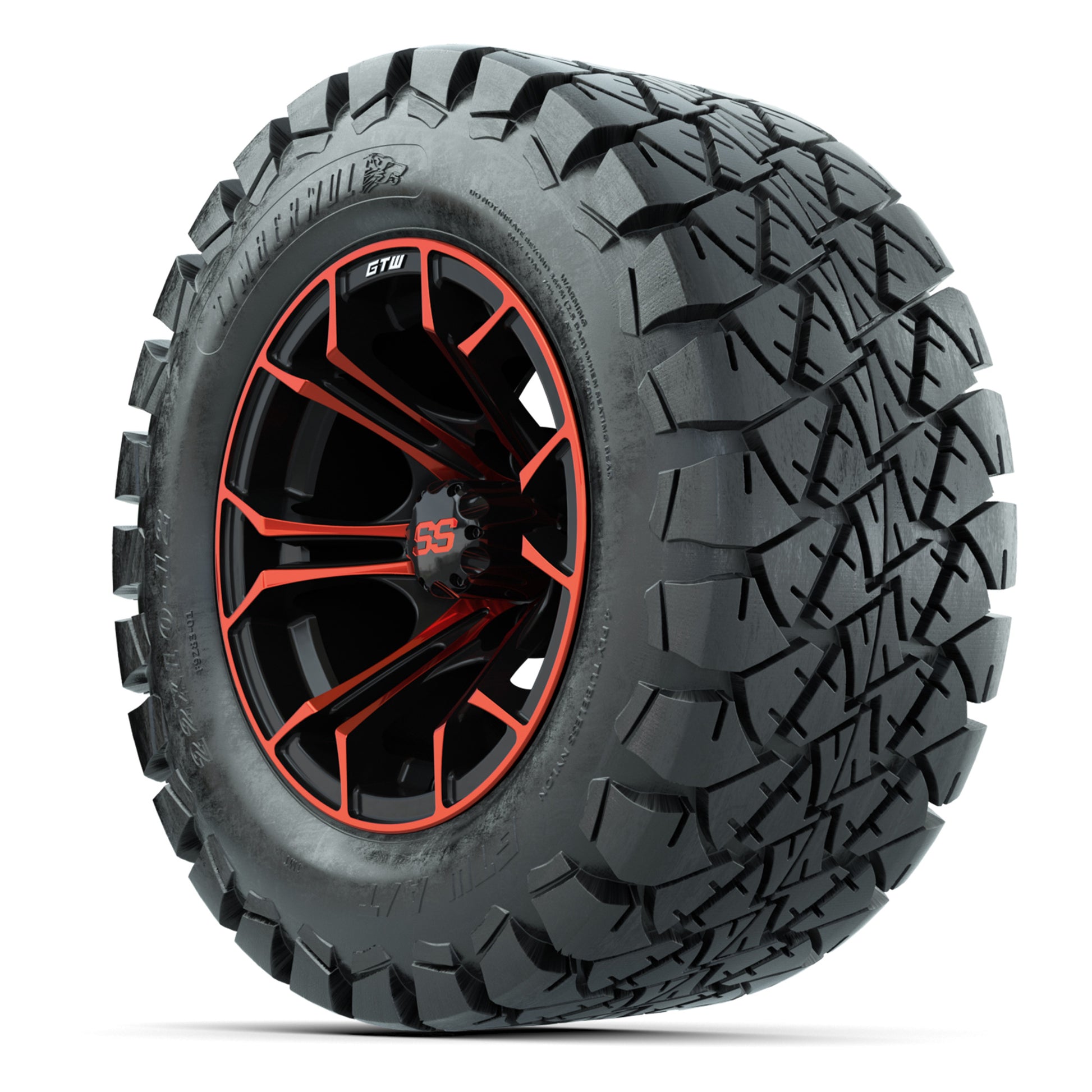 GTW® Spyder Black/Red 12 in Wheels with 22X10-12 Timberwolf All-Terrain Tires – Full Set