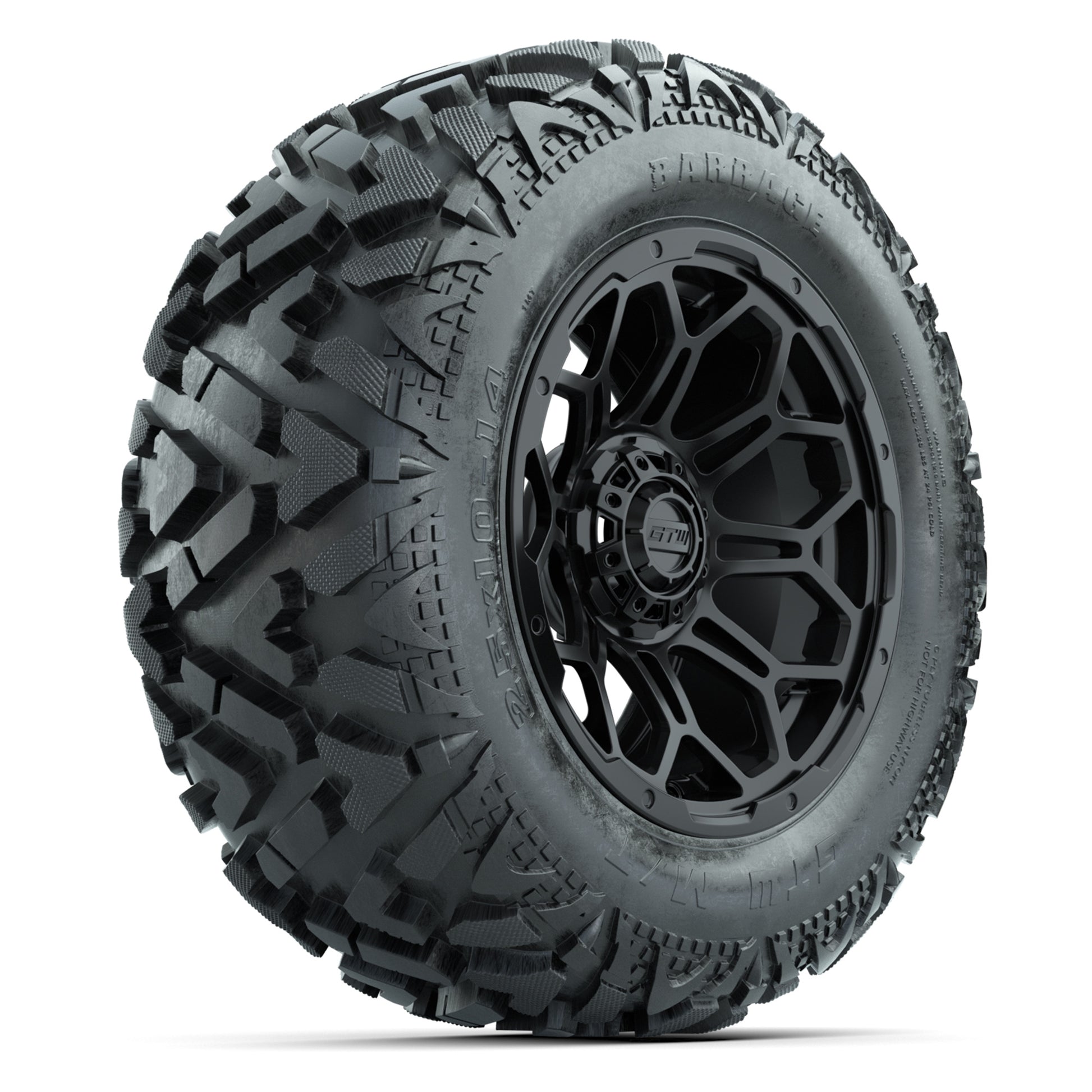 GTW Bravo Matte Black 14 in Wheels with 25x10-14 Barrage Mud Tires – Full Set