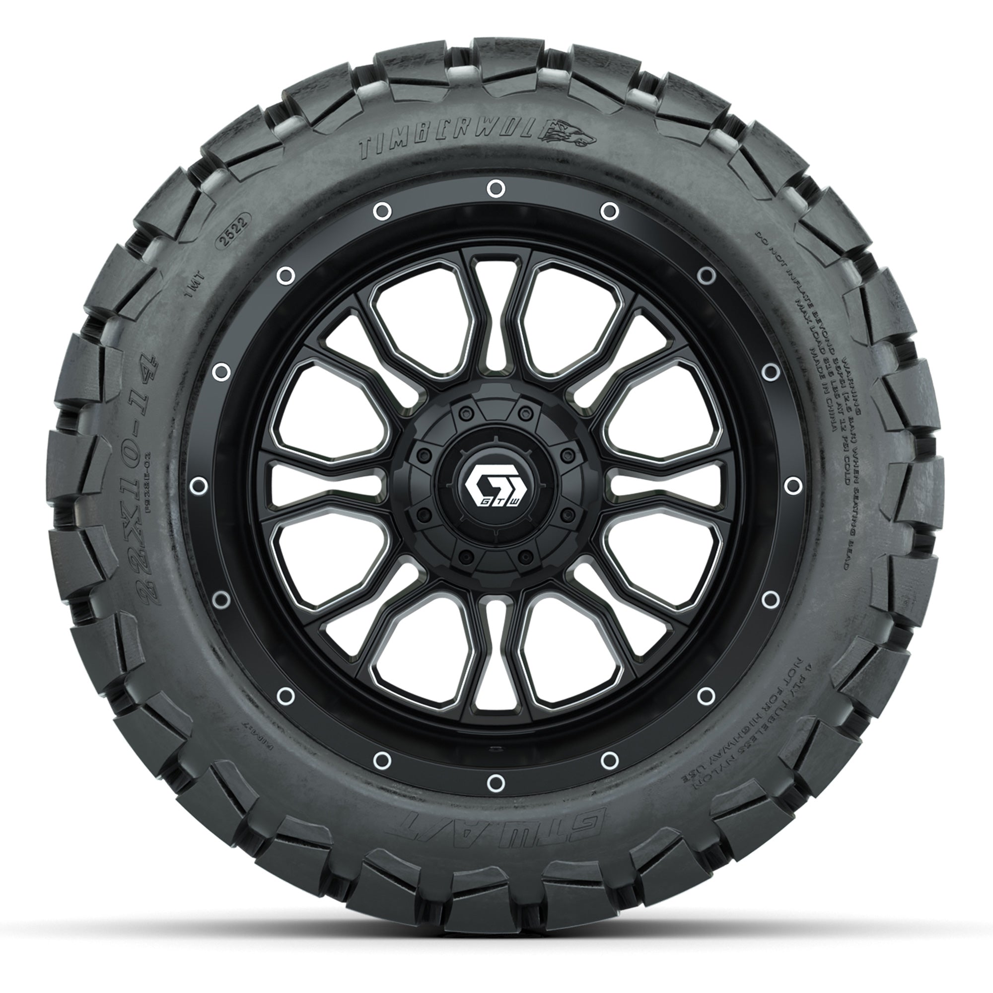 GTW Volt Black/Machined 14 in Wheels with 22X10-14 Timberwol - 3/4 view
