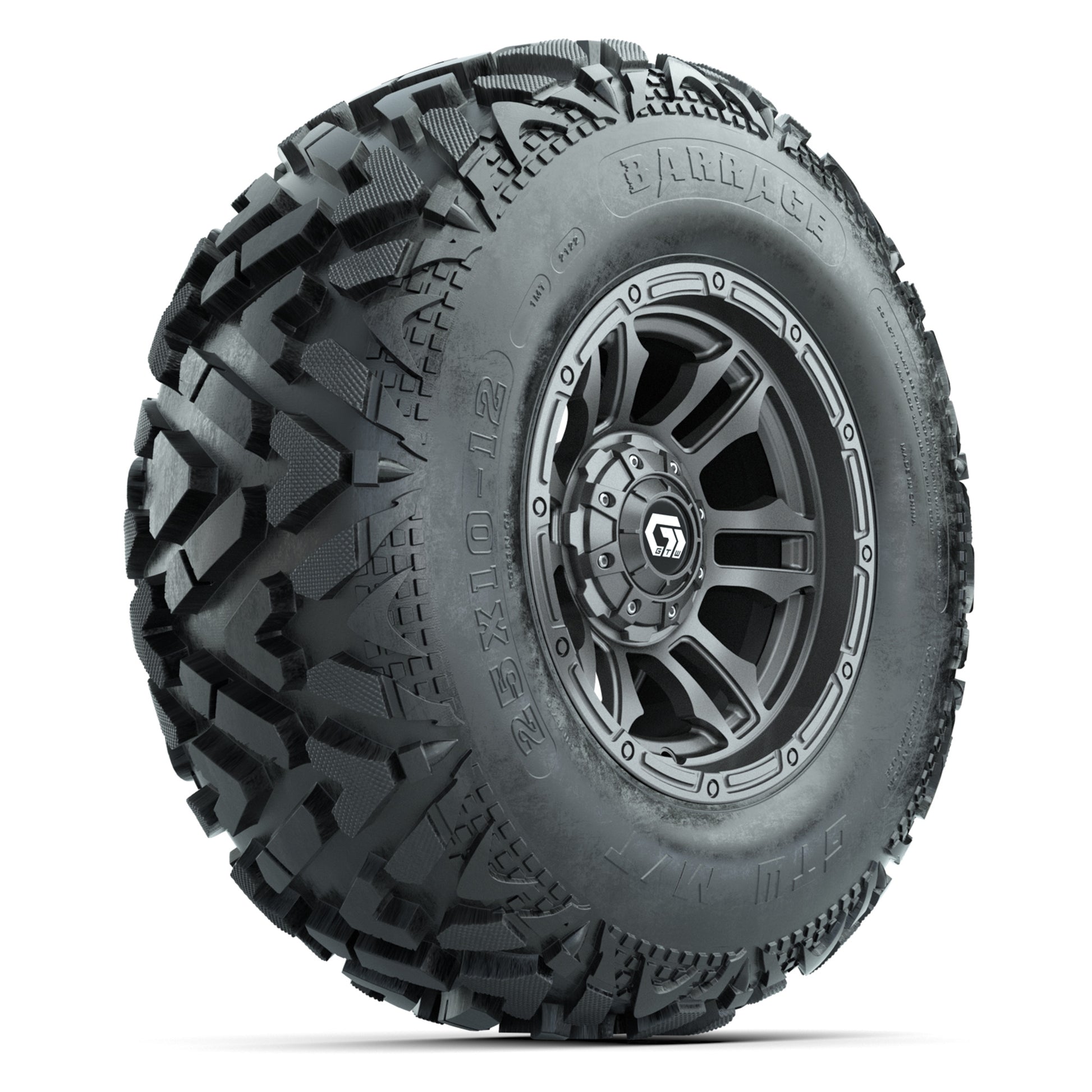 GTW® Shogun Gunmetal 12 in Wheels with 25X10-12 Barrage Mud Tires – Full Set