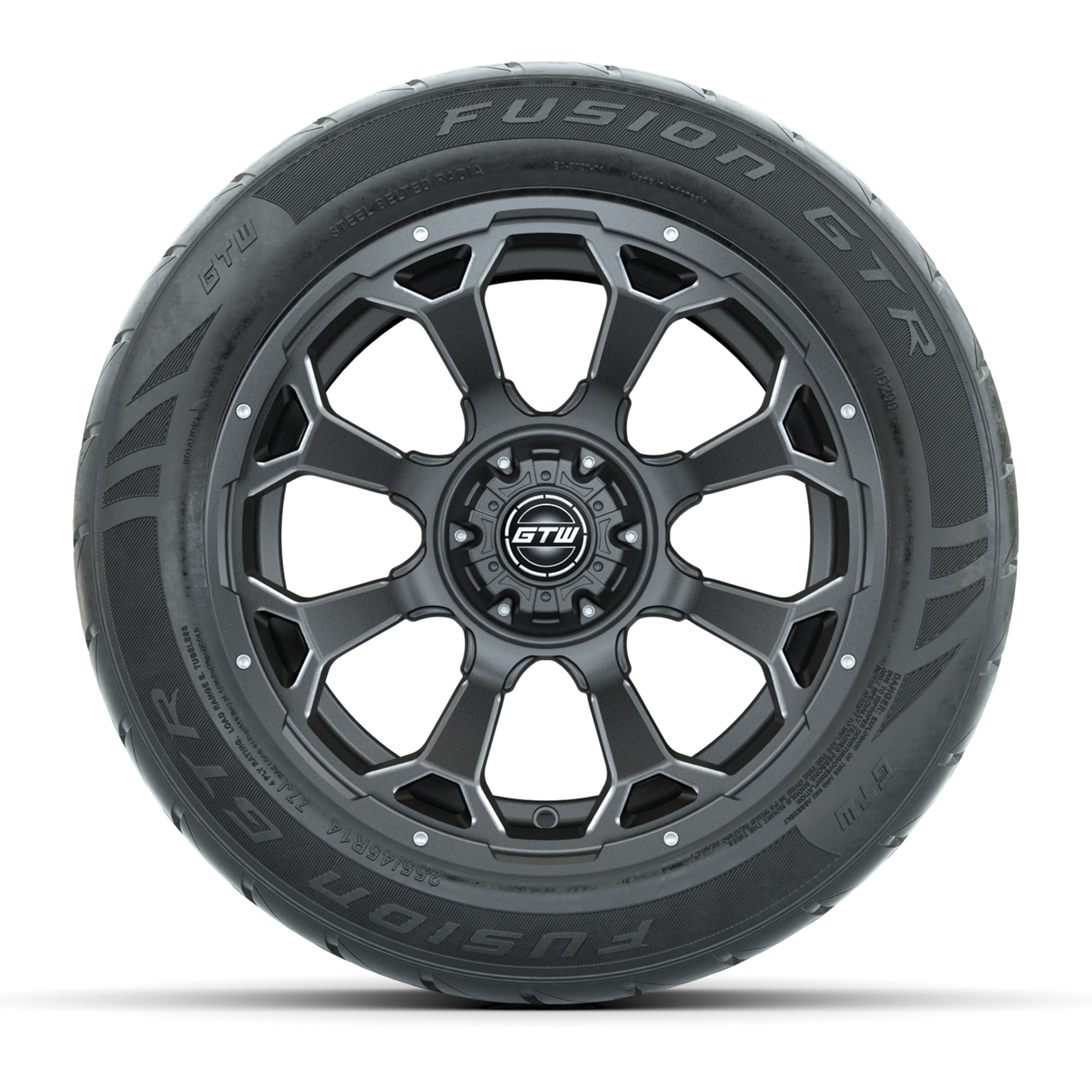 GTW® Raven Matte Gray/Ball Milled 14 in Wheels with 255/45-R - 3/4 view