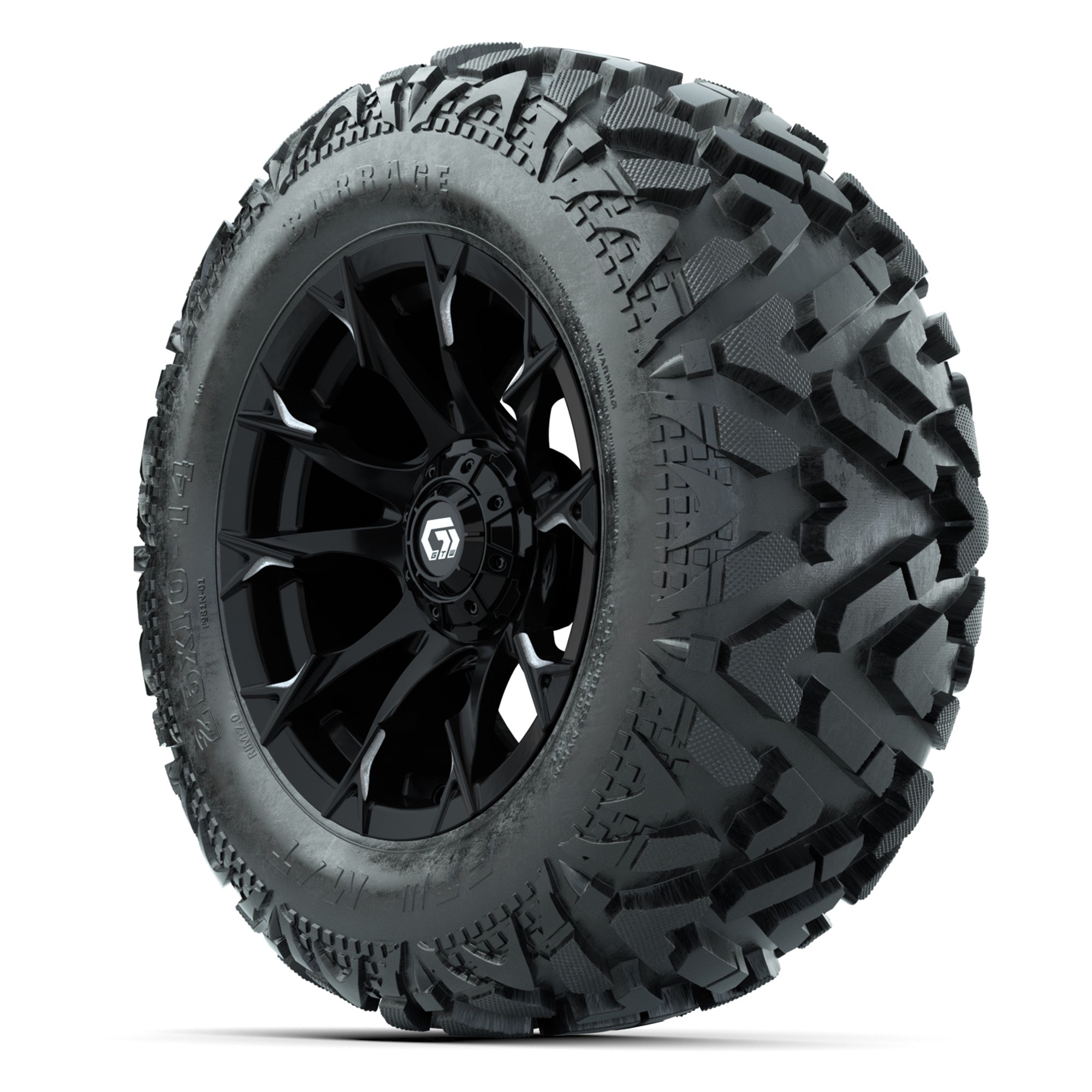 GTW Diablo Gloss Black/Machined 14 in Wheels with 25x10-14 B - 3/4 view