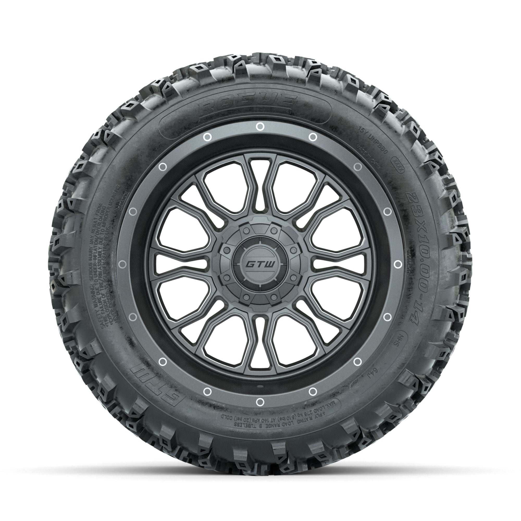 GTW Volt Gunmetal/Machined 14 in Wheels with 23x10.00-14 Rog - 3/4 view