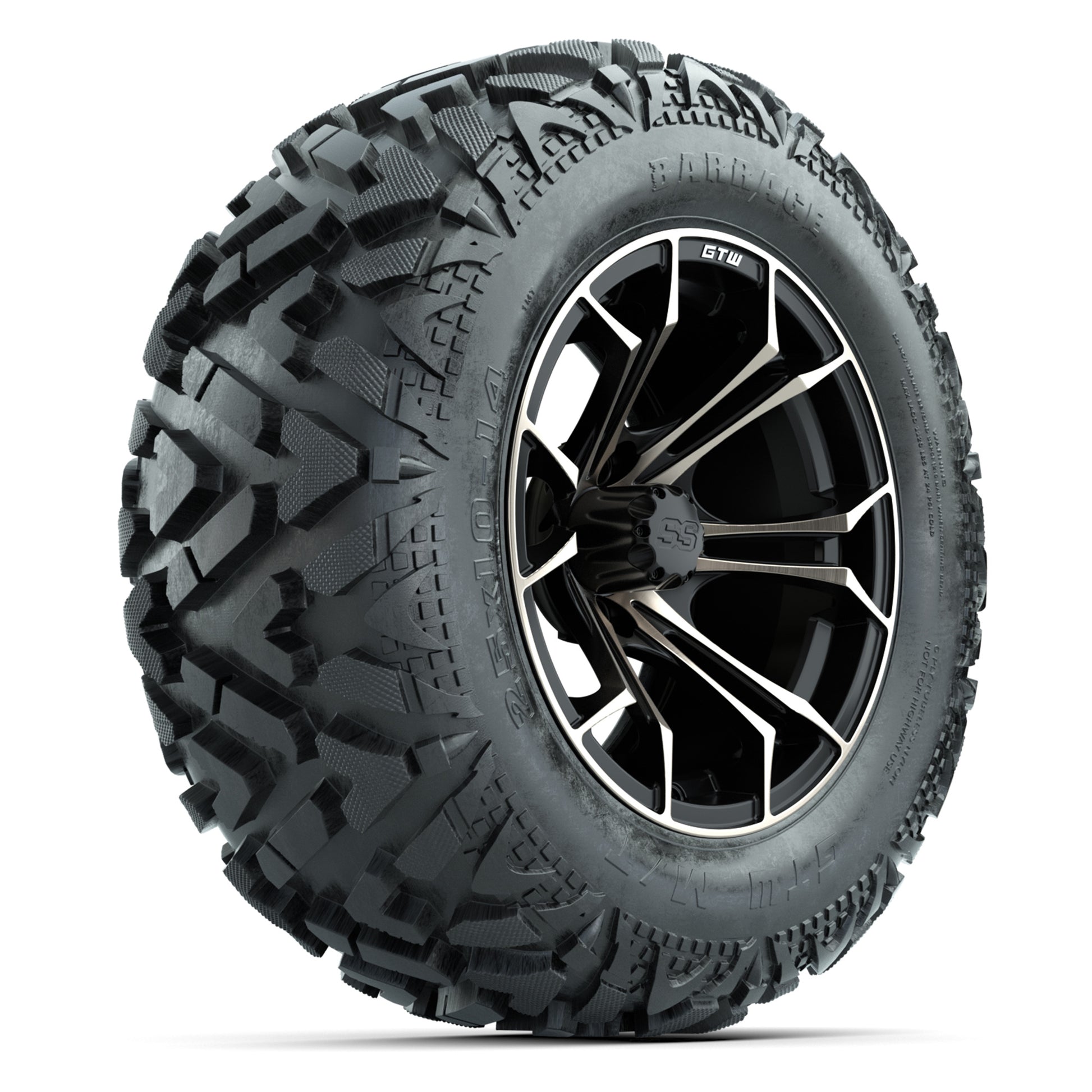 GTW Spyder Matte Black/Bronze 14 in Wheels with 25x10-14 Barrage Mud Tires – Full Set