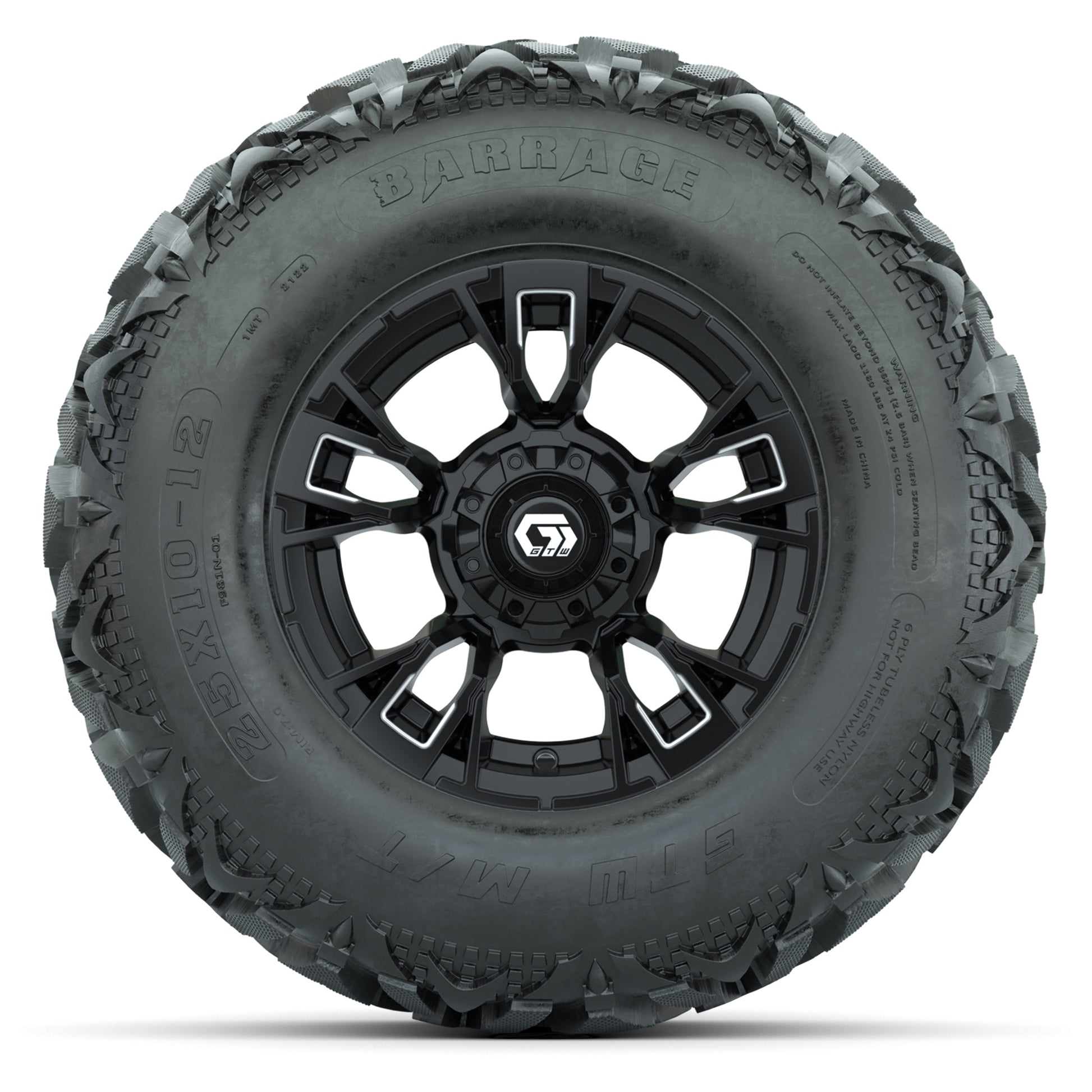 GTW® Vandal Matte Black/Machined 12 in Wheels with 25X10-12 Barrage Mud Tires – Full Set