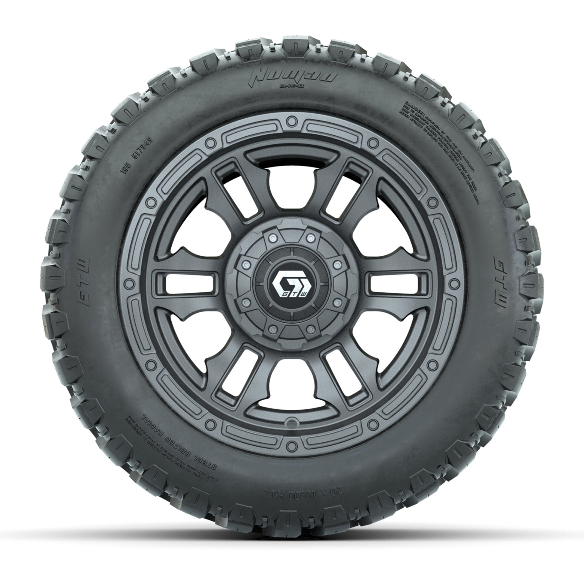 GTW® Shogun Gunmetal 12 in Wheels with 20X10-12 Nomad Steel Belt Radial All-Terrain Tires – Full Set