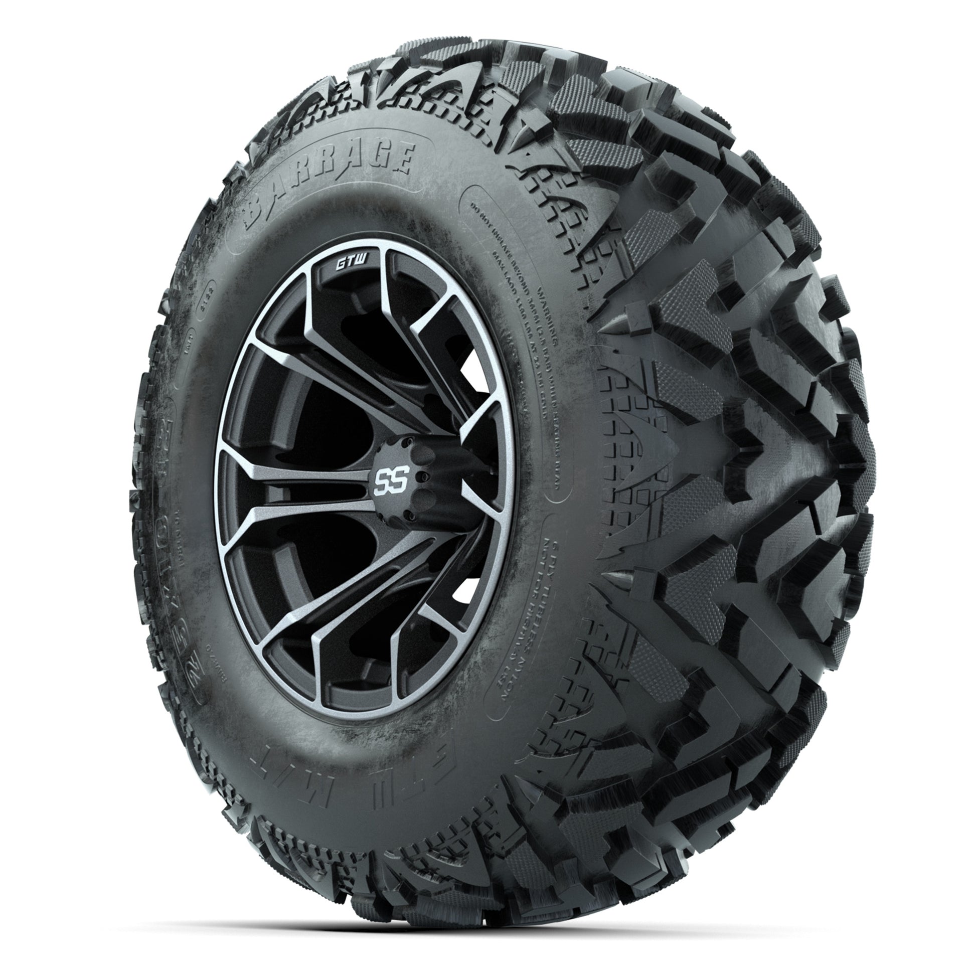 GTW® Spyder Matte Gray/Machined 12 in Wheels with 25X10-12 Barrage Mud Tires – Full Set