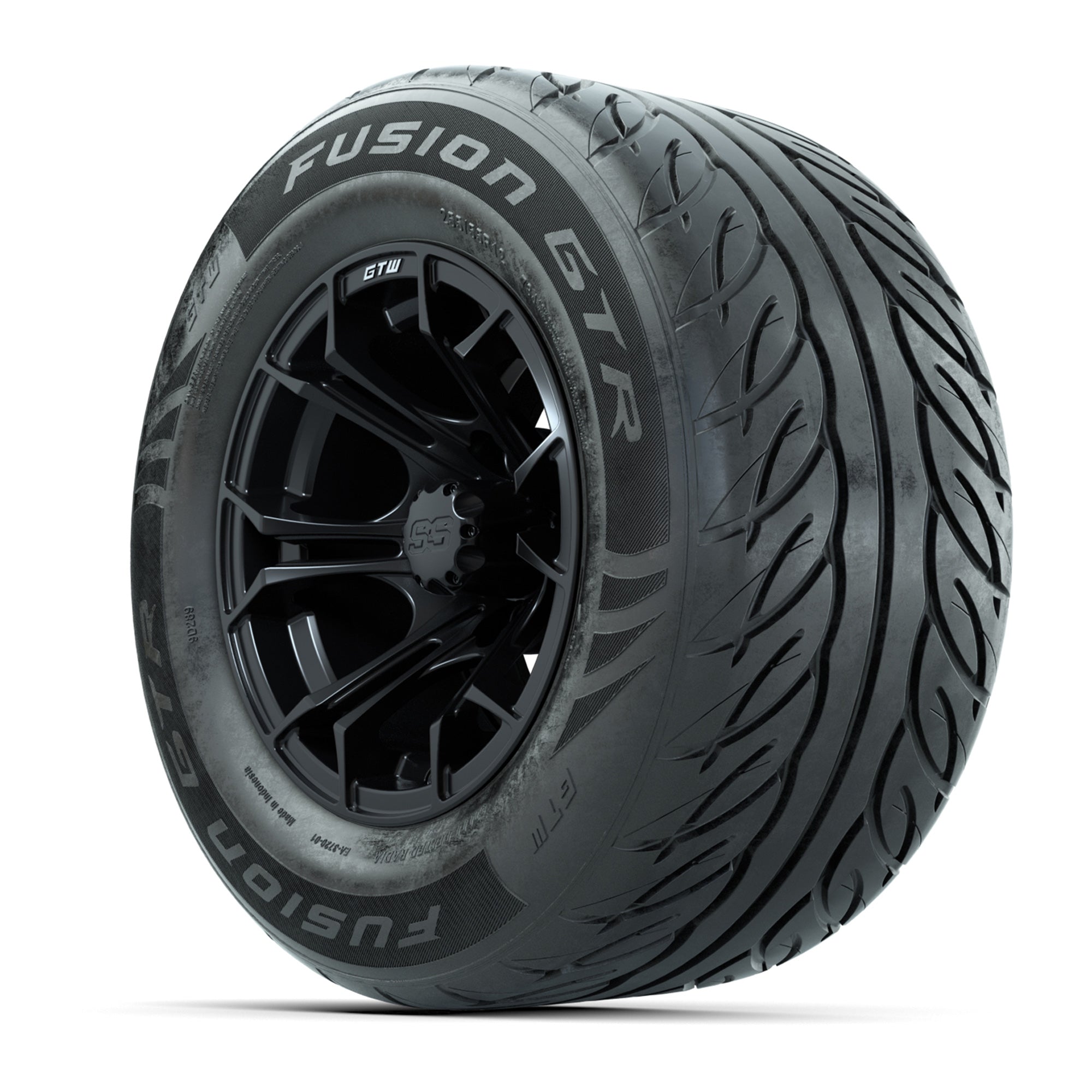GTW® Spyder Matte Black 12 in Wheels with 255/55-R12 Fusion GTR Steel Belt Radial Street Tires – Full Set