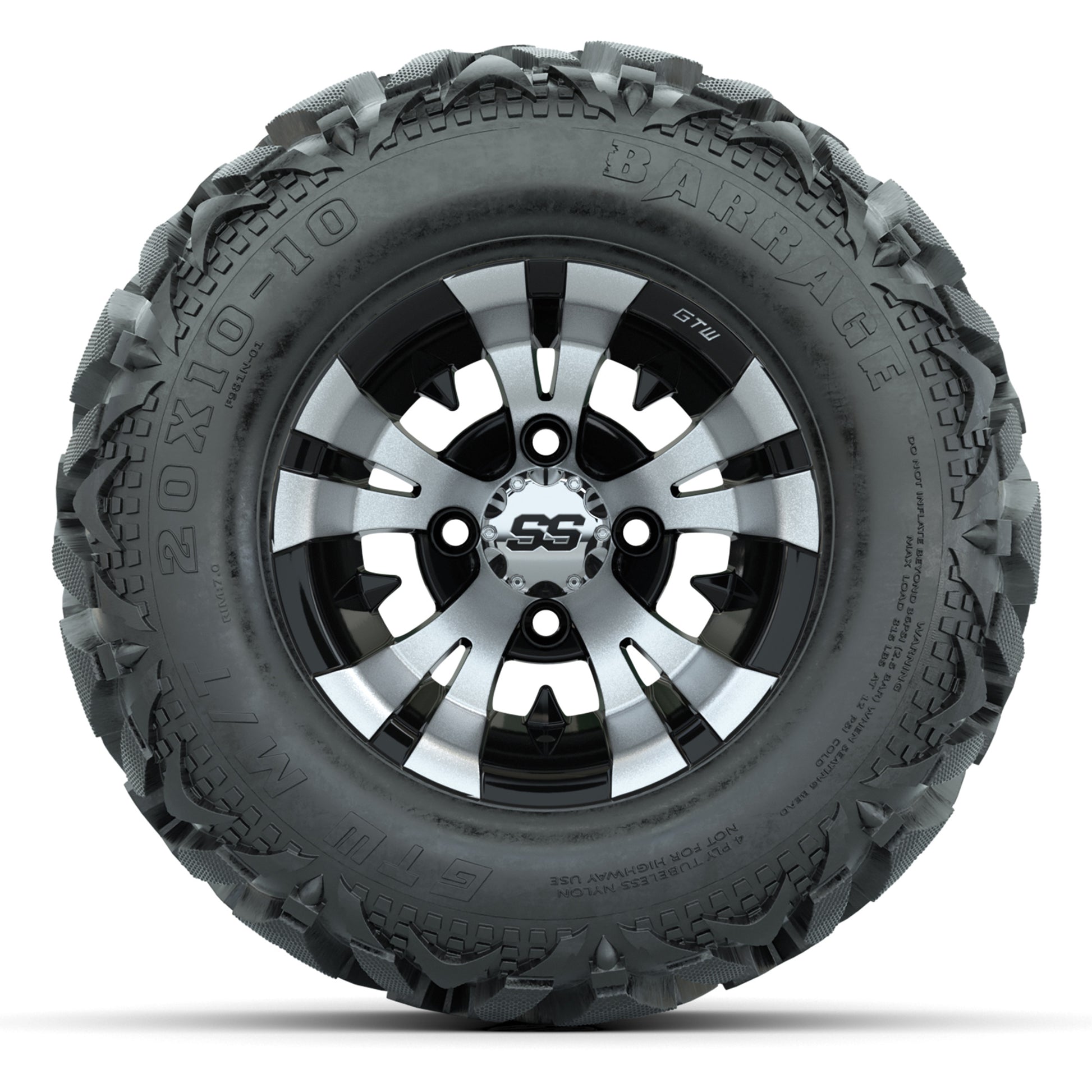 GTW Vampire Black/Machined 10 in Wheels with 20x10-10 Barrage Mud Tires – Full Set