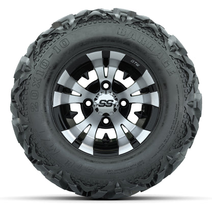 GTW Vampire Black/Machined 10 in Wheels with 20x10-10 Barrage Mud Tires – Full Set