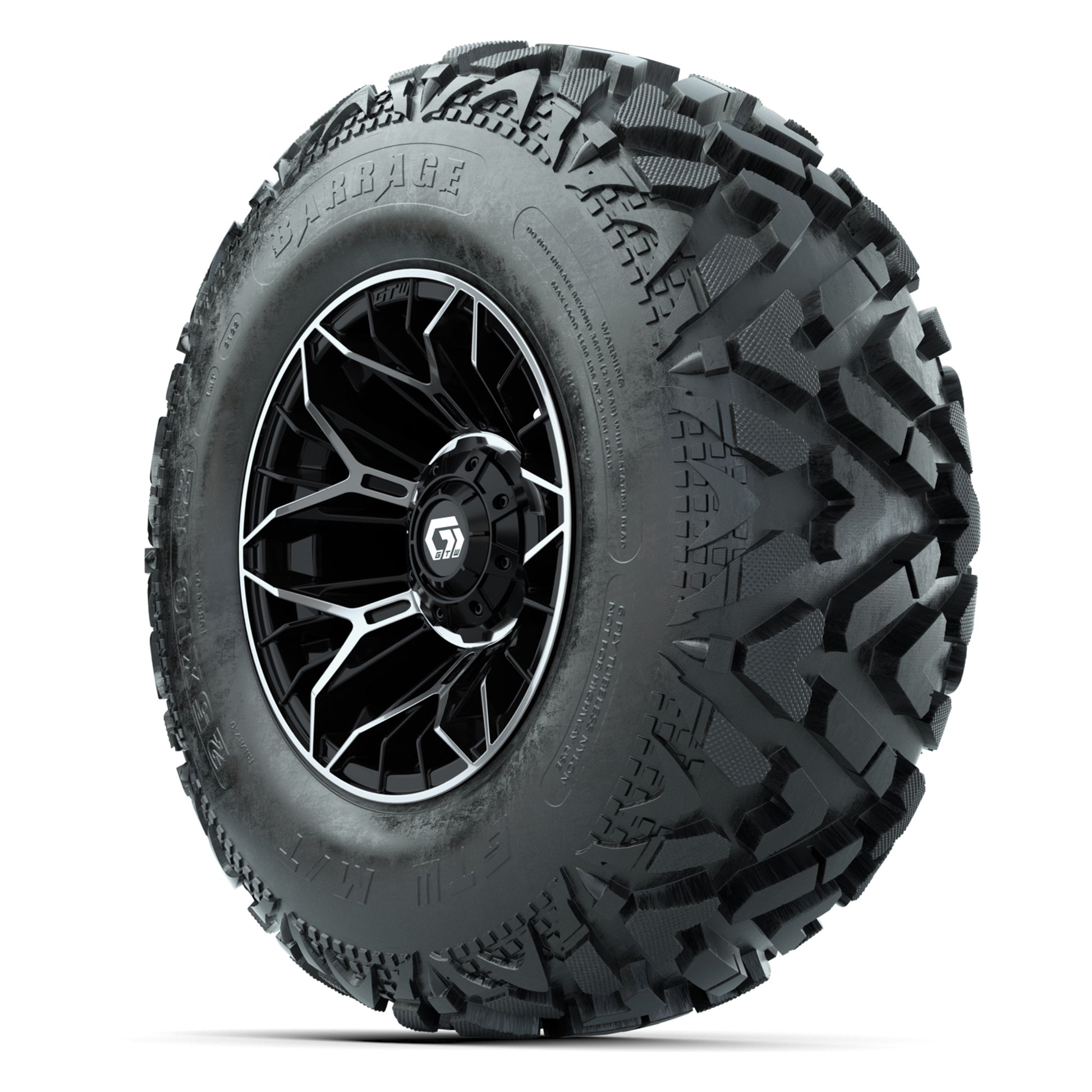 GTW® Stellar Black/Machined 12 in Wheels with 25X10-12 Barrage Mud Tires – Full Set