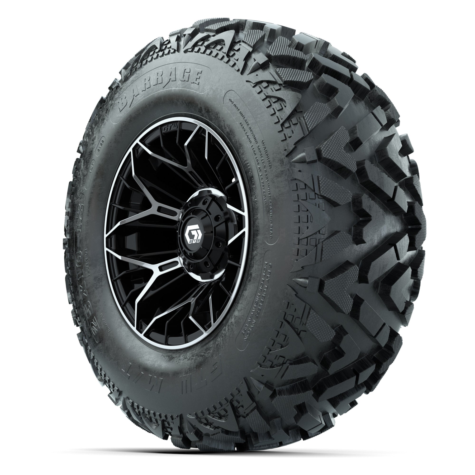 GTW® Stellar Black/Machined 12 in Wheels with 25X10-12 Barrage Mud Tires – Full Set