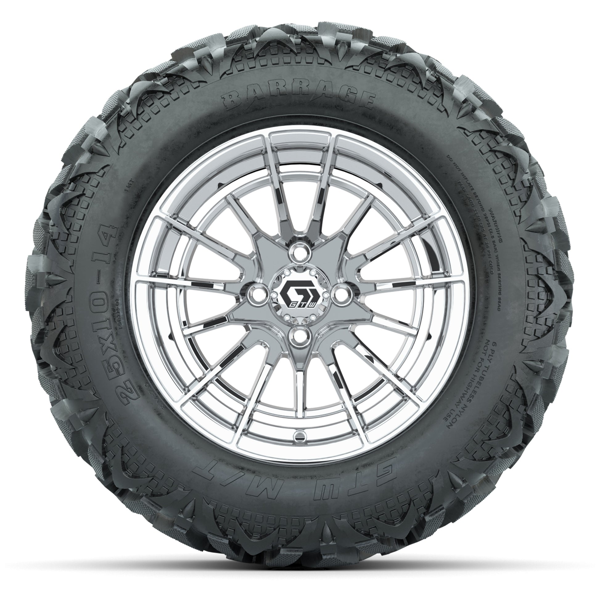 GTW Boost Chrome 14 in Wheels with 25x10-14 Barrage Mud Tire - front view