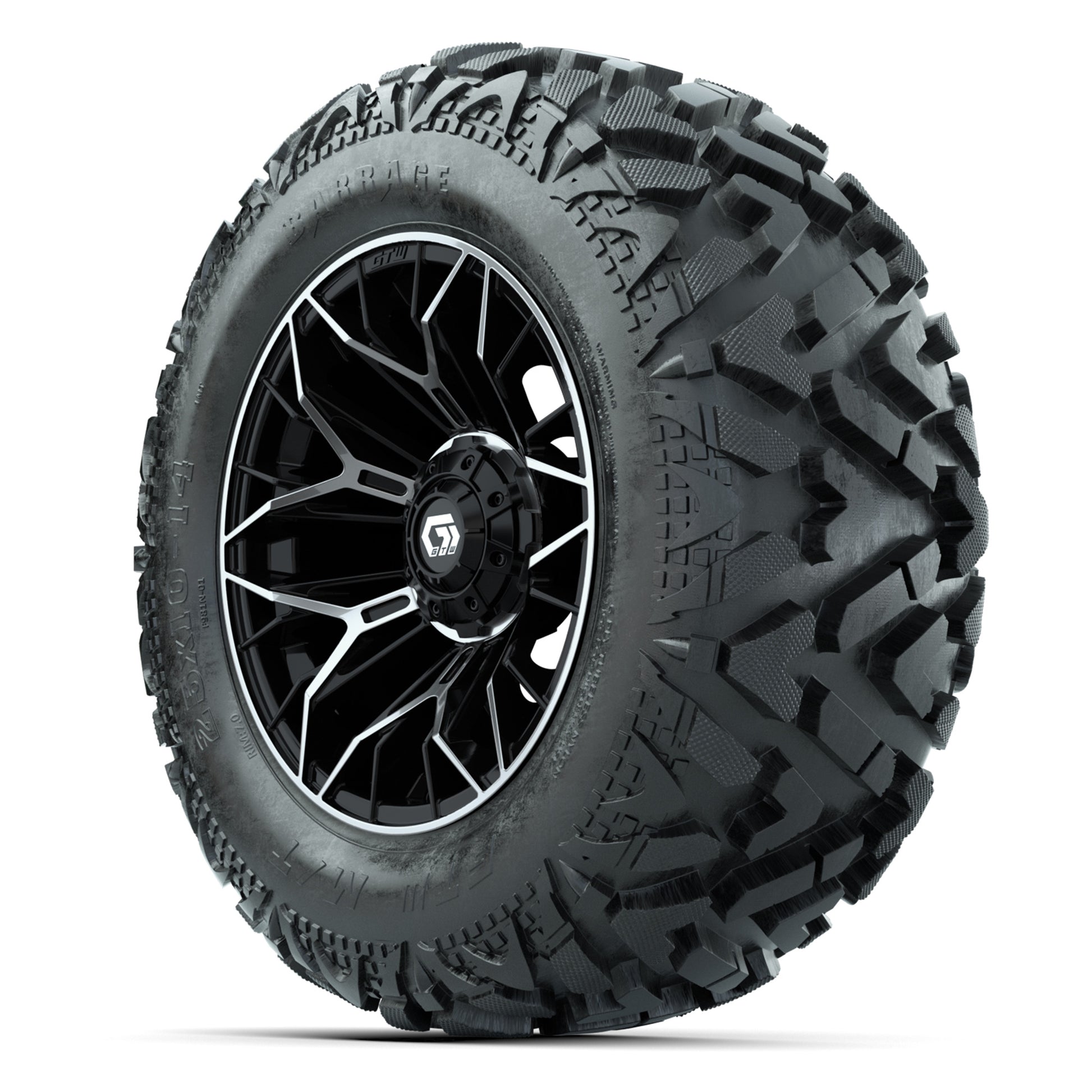 GTW Stellar Black/Machined 14 in Wheels with 25x10-14 Barrag - 3/4 view