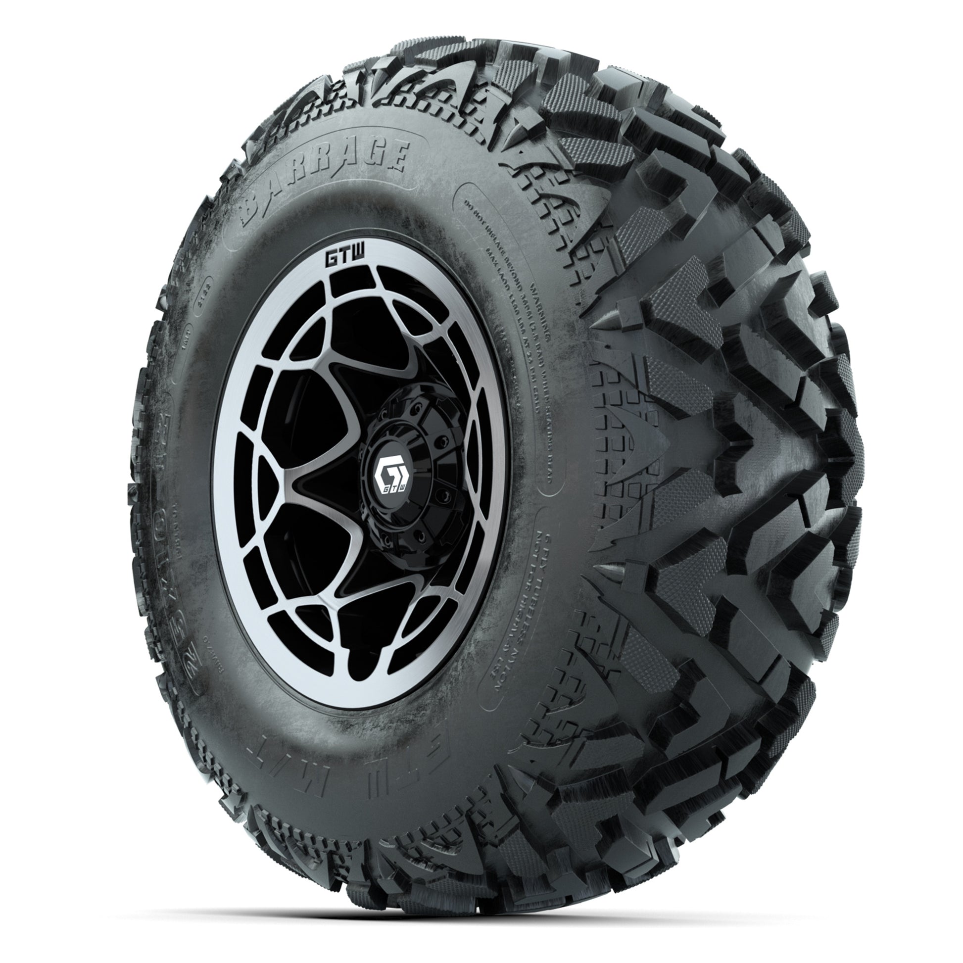 GTW® Nexus Black/Silver 12 in Wheels with 25X10-12 Barrage Mud Tires – Full Set