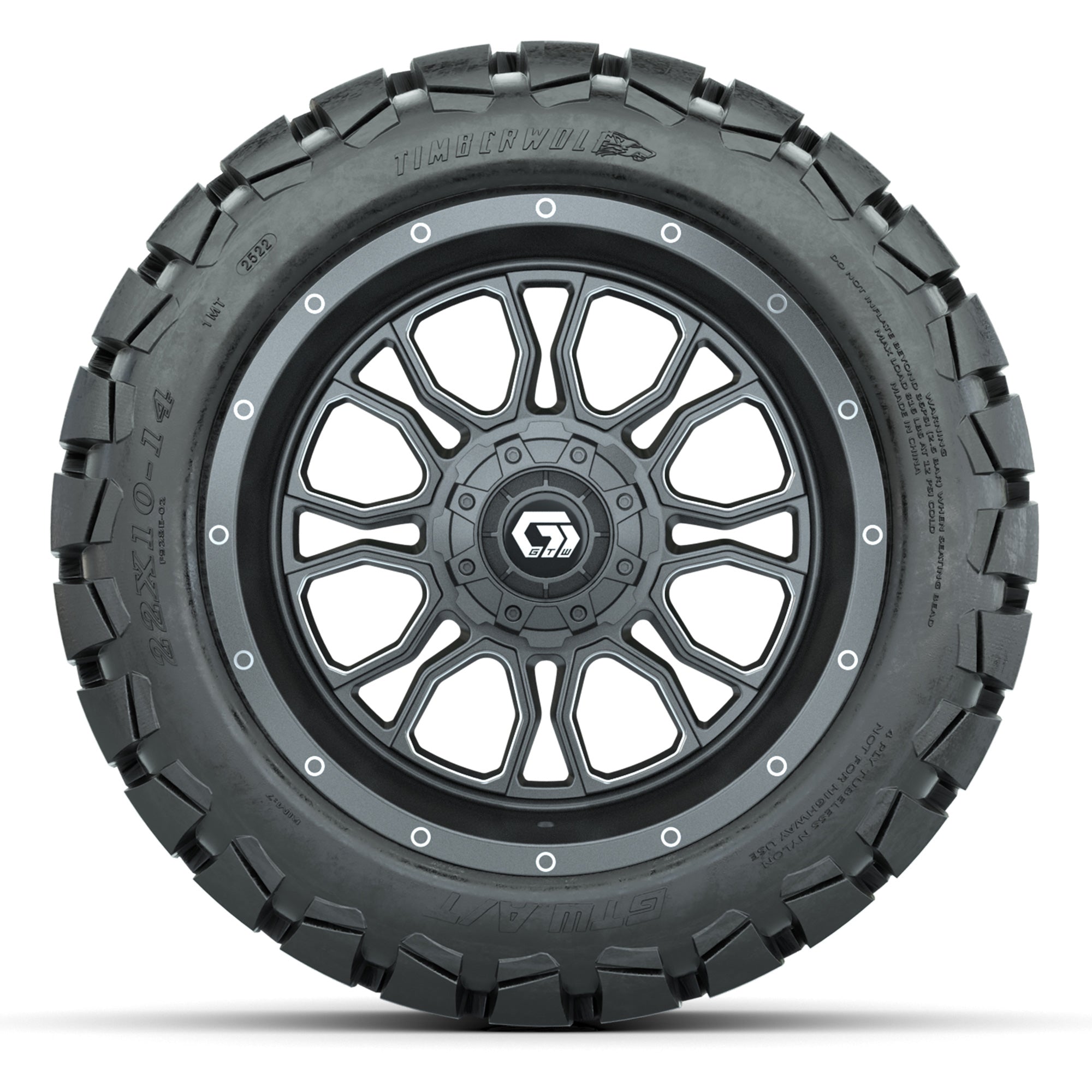 GTW Volt Gunmetal 14 in Wheels with 22X10-14 Timberwolf All- - 3/4 view