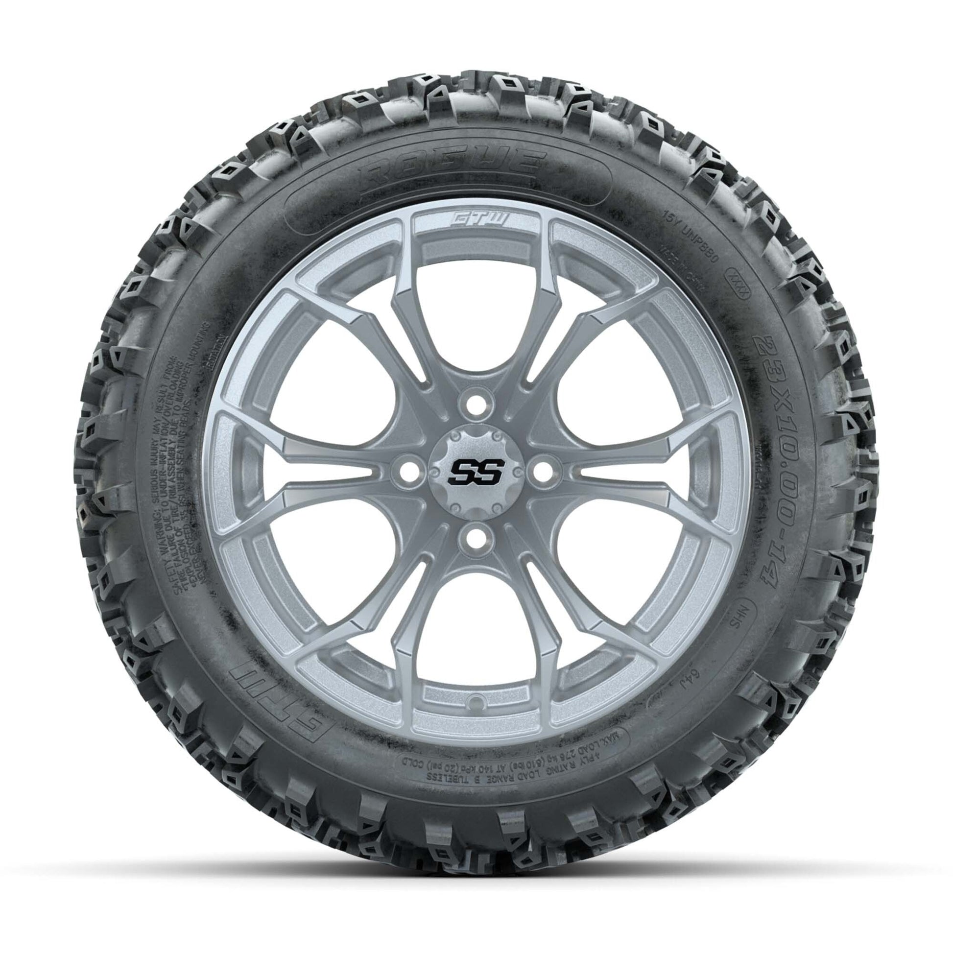 GTW® Spyder Silver Brush 14 in Wheels with 23X10.00-14 Rogue - front view