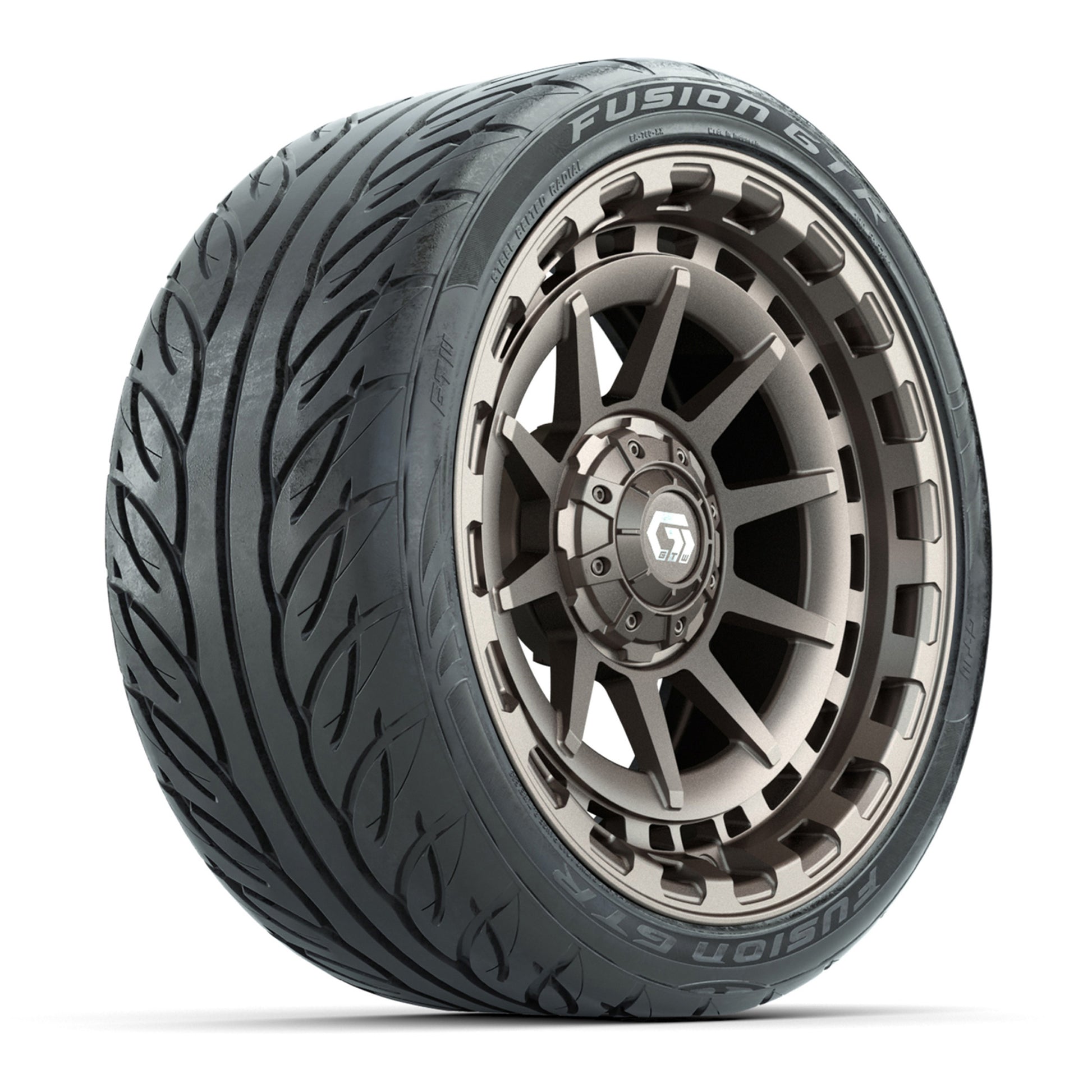 GTW® Barricade Satin Bronze 15 in Wheels with 215/40-R15 Fusion GTR Steel Belted Street Tires – Full Set