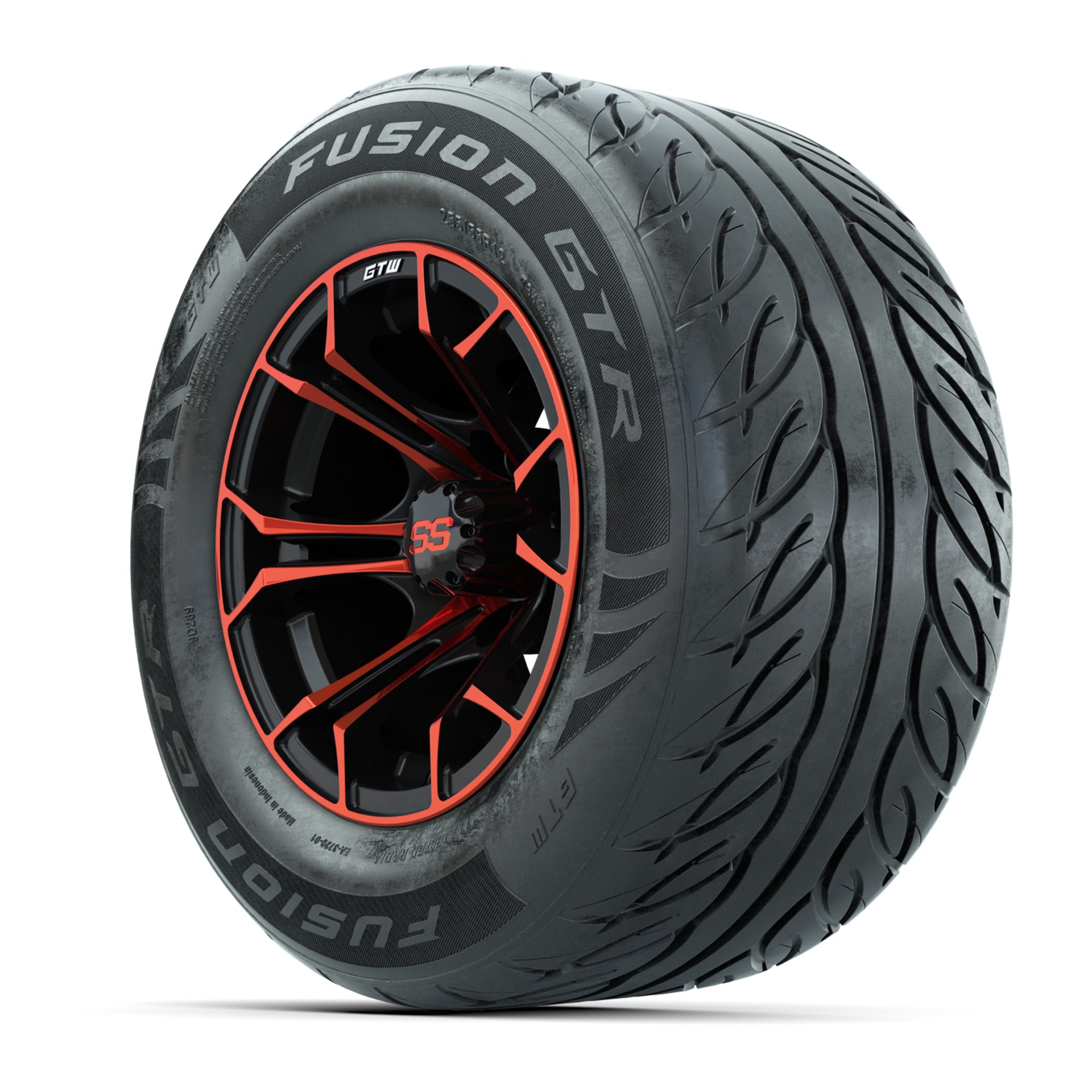 GTW® Spyder Black/Red 12 in Wheels with 255/55-R12 Fusion GTR Steel Belt Radial Street Tires – Full Set