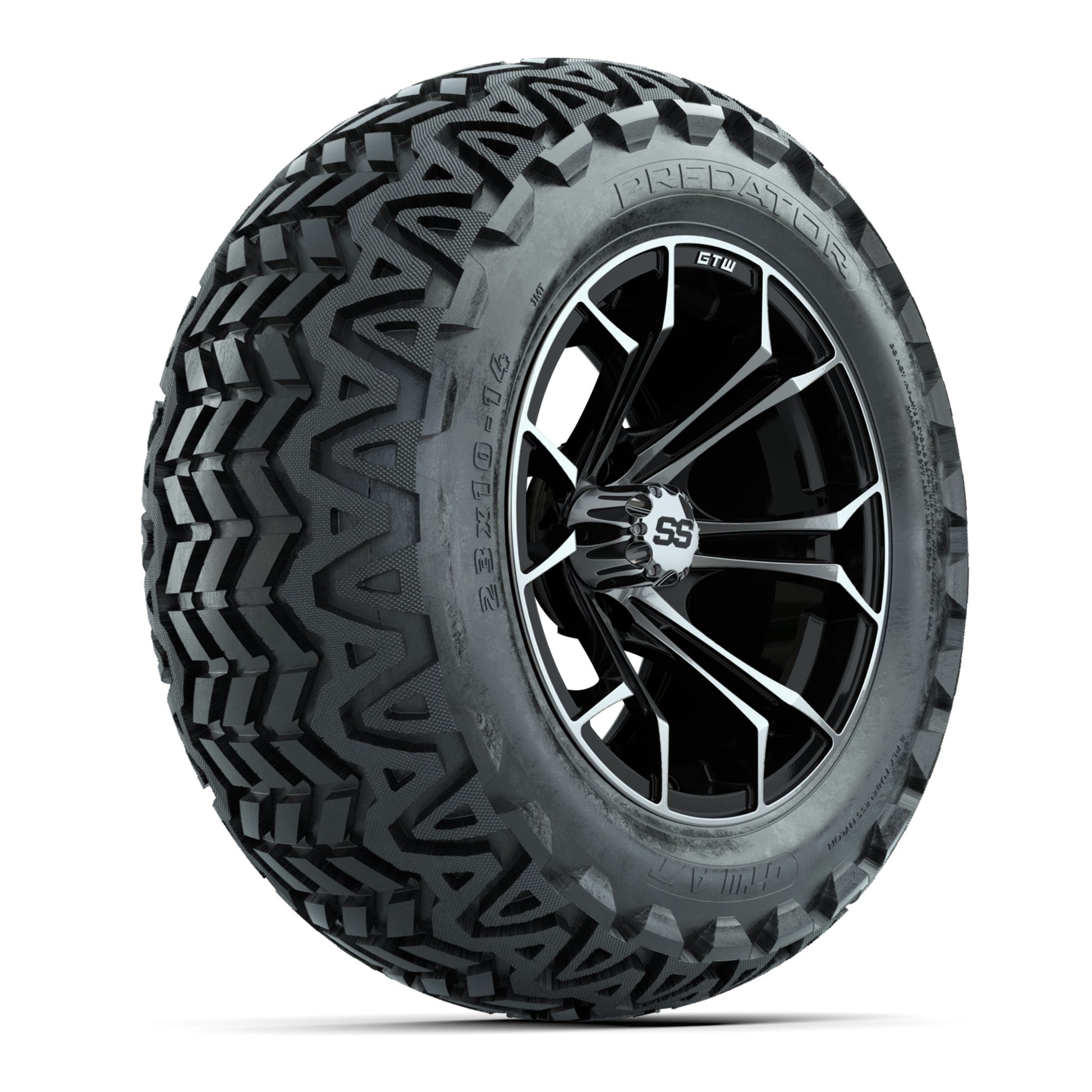 GTW Spyder Machined/Black 14 in Wheels with 23x10-14 GTW Predator All-Terrain Tires – Full Set