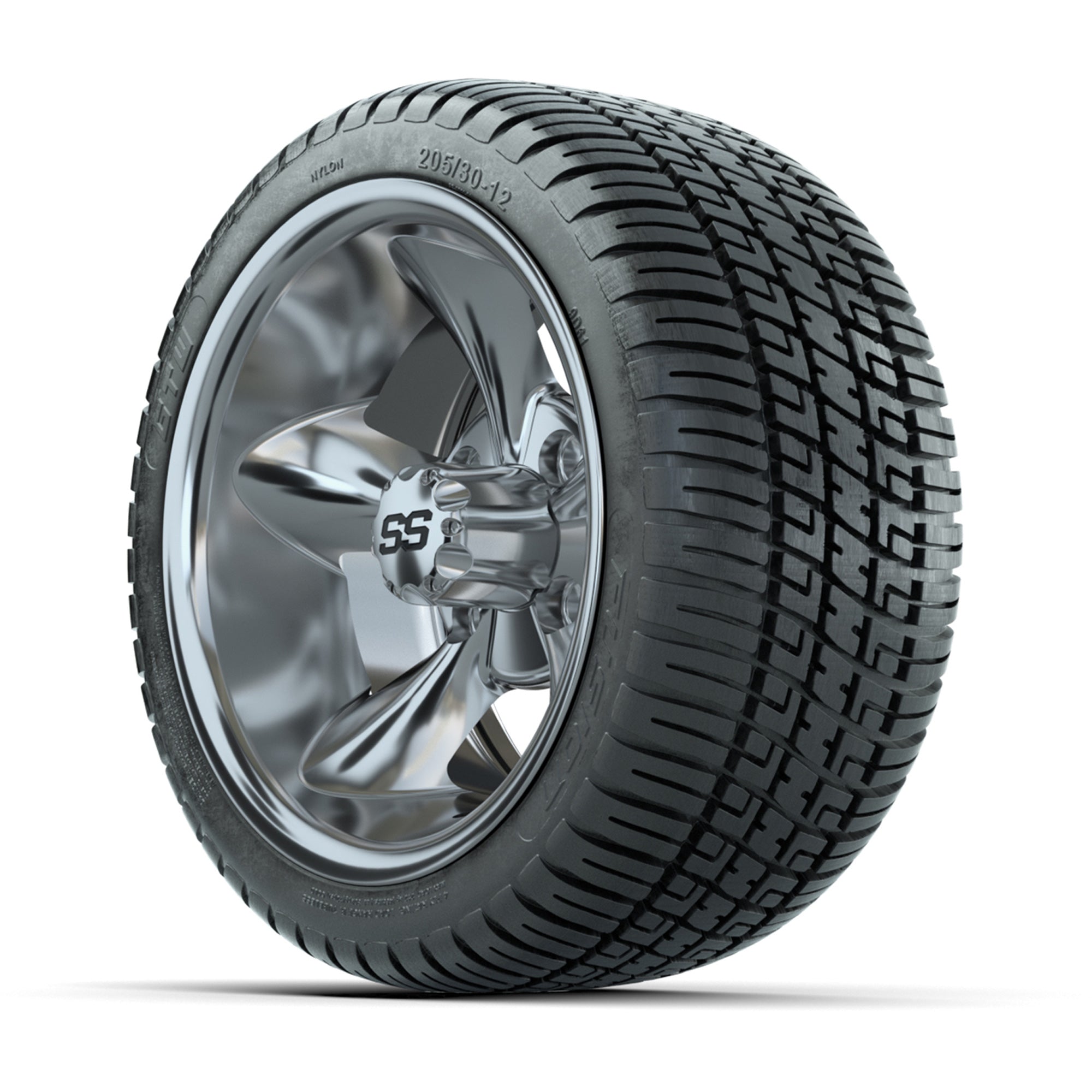 GTW® Godfather Chrome 12 in Wheels with 205/30-12 Fusion Street Tires – Full Set