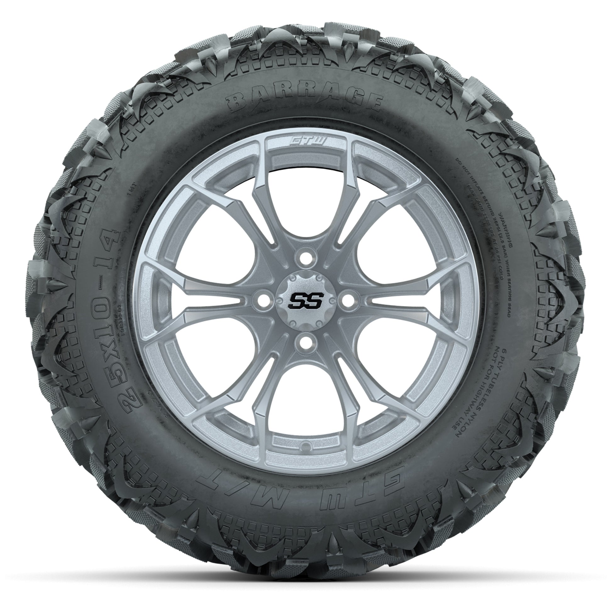 GTW Spyder Silver Brush 14 in Wheels with 25x10-14 Barrage M - front view