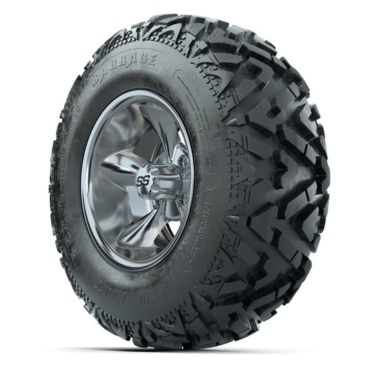 GTW® Godfather Chrome 12 in Wheels with 25X10-12 Barrage Mud Tires – Full Set