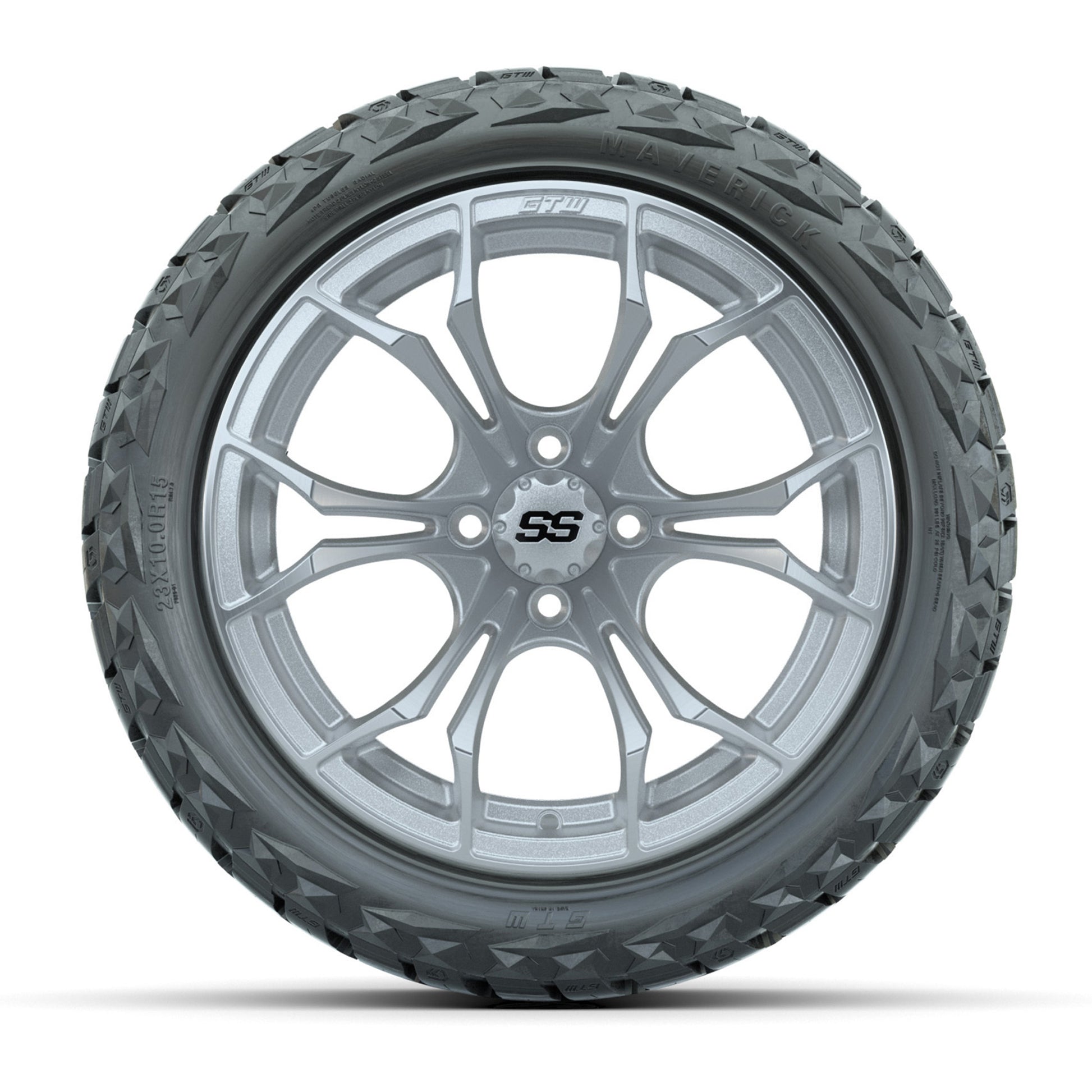 GTW Spyder Silver/Machined 15 in Wheels with 23x10.00-R15 Maverick All-Terrain Tires – Full Set