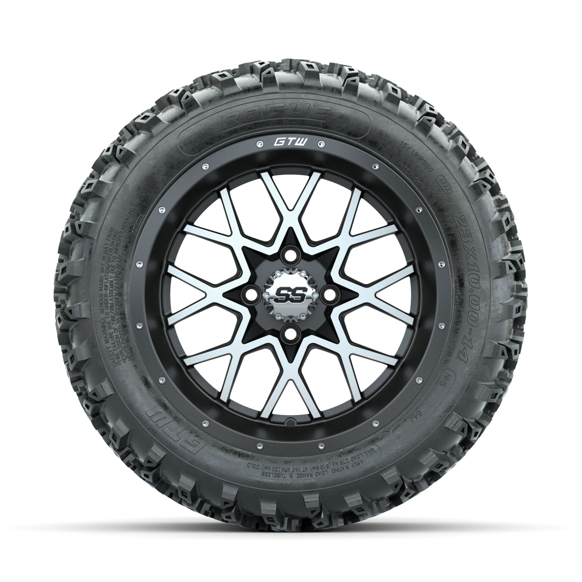 GTW Vortex Machined/Matte Grey 14 in Wheels with 23x10.00-14 - 3/4 view