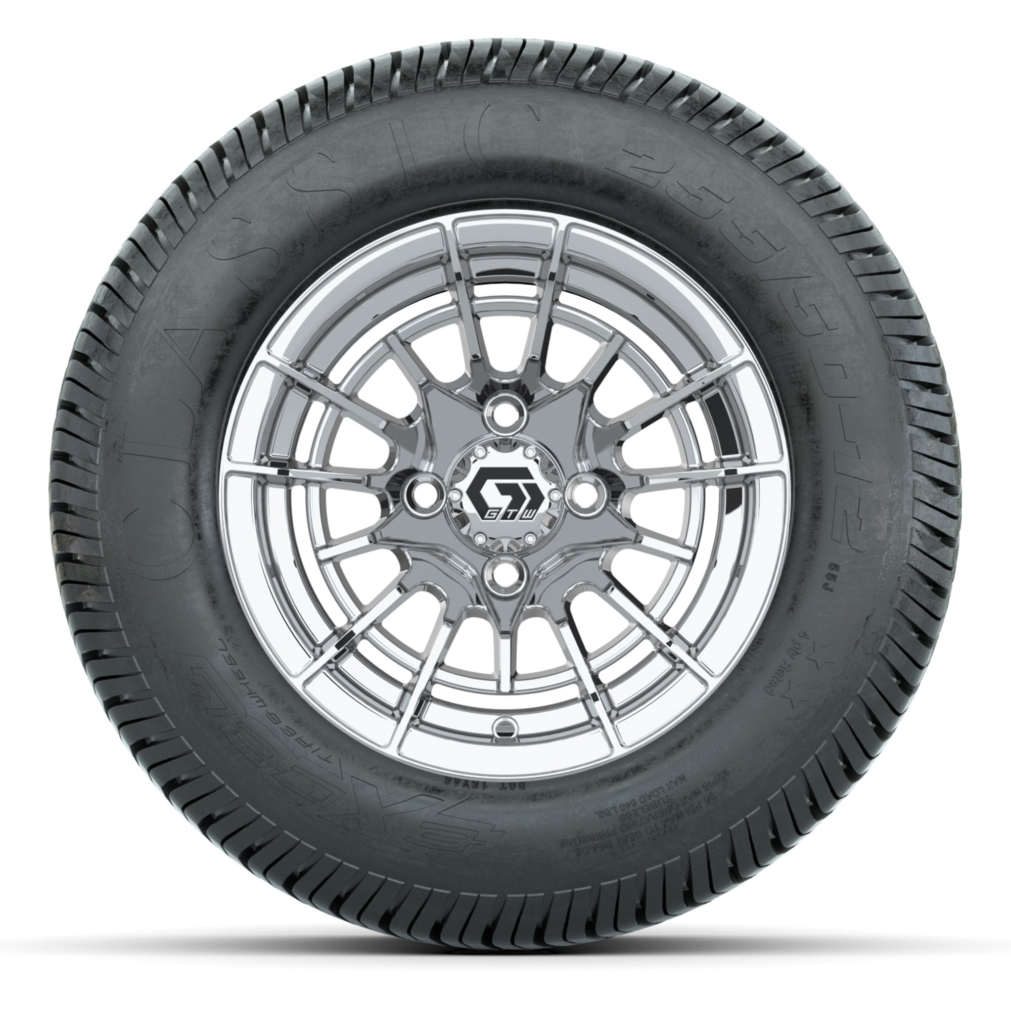 GTW® Boost Chrome 12 in Wheels with 255/50-12 Excel Classic Street Tires – Full Set