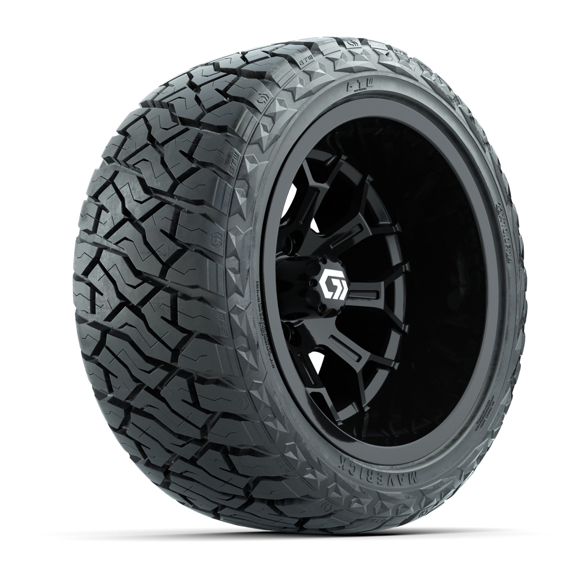 GTW Assault Gloss Black 14 in Wheels with 23X10-R14 Maverick Steel Belted Radial All-Terrain Tires – Full Set