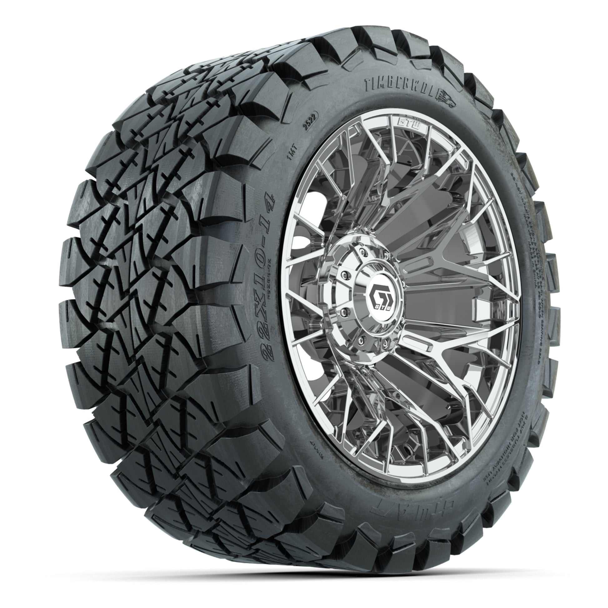 GTW Stellar Chrome 14 in Wheels with 22X10-14 Timberwolf All-Terrain Tires – Full Set