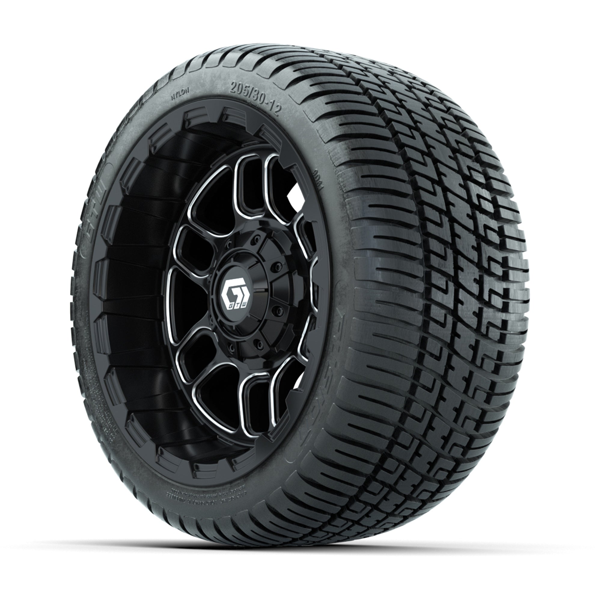 GTW® Titan Black/Machined 12 in Wheels with 205/30-12 Fusion Street Tires – Full Set