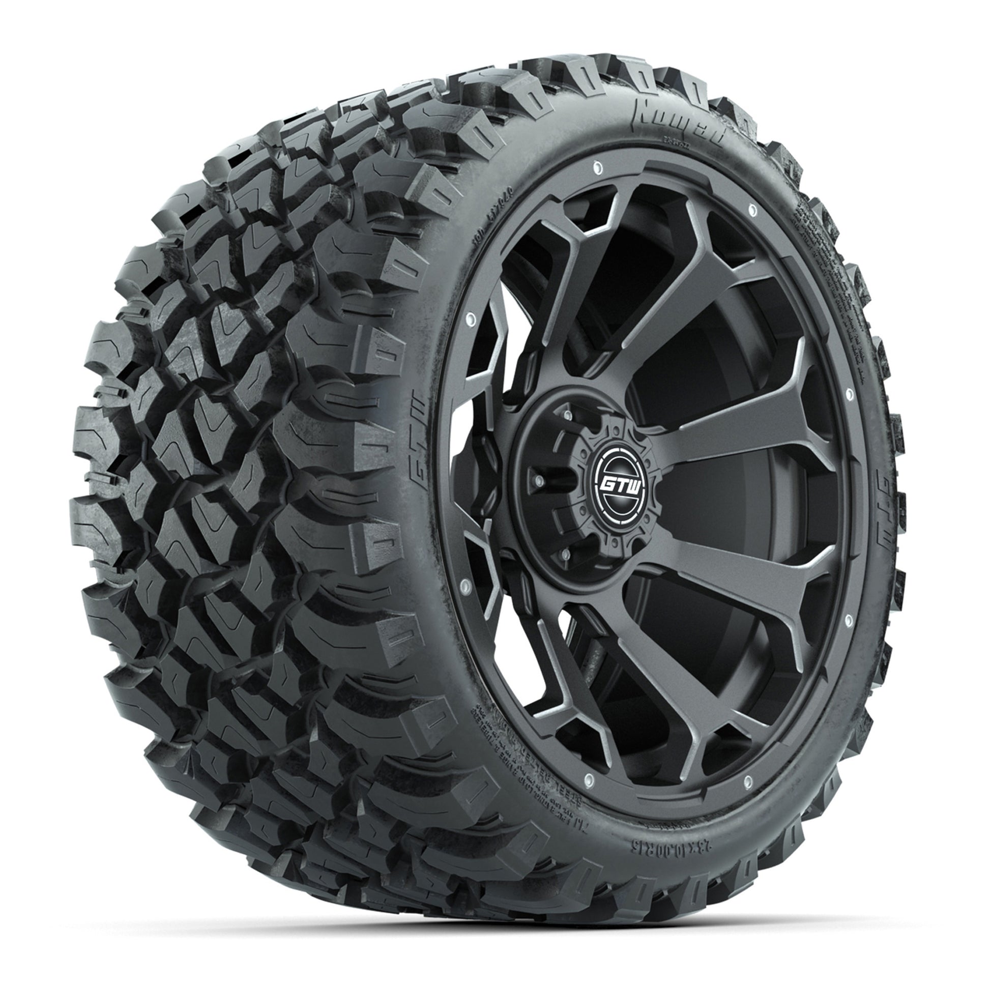Set of (4) 15″ GTW Raven Matte Gray Wheels with 23x10-R15 Nomad All-Terrain Tires