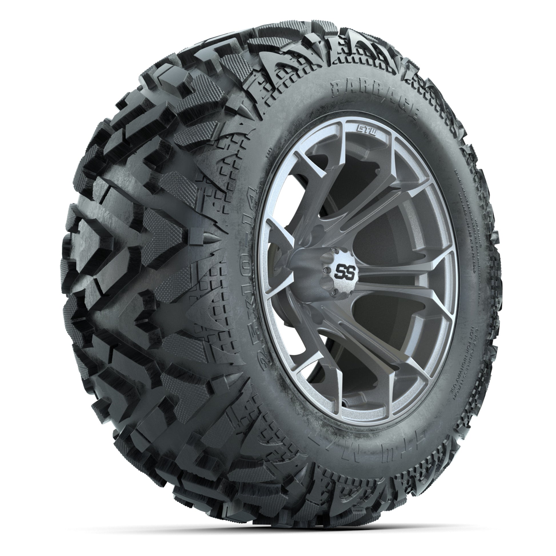 GTW Spyder Silver Brush 14 in Wheels with 25x10-14 Barrage Mud Tires – Full Set