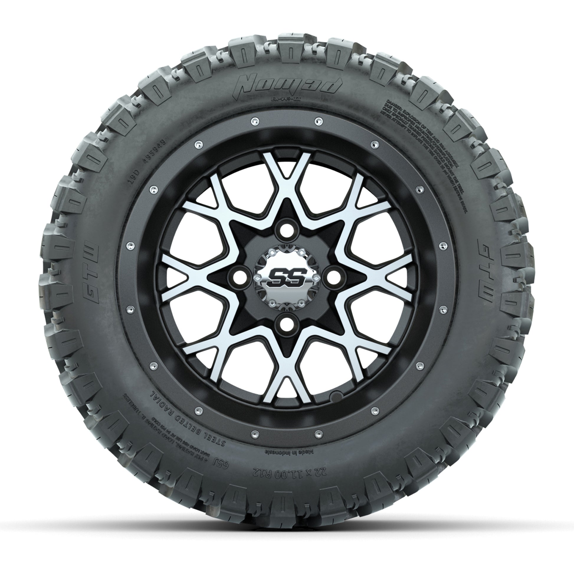 GTW® Vortex 2 Matte Gray/Machined 12 in Wheels with 22X11-R12 Nomad Steel Belt Radial All-Terrain Tires – Full Set