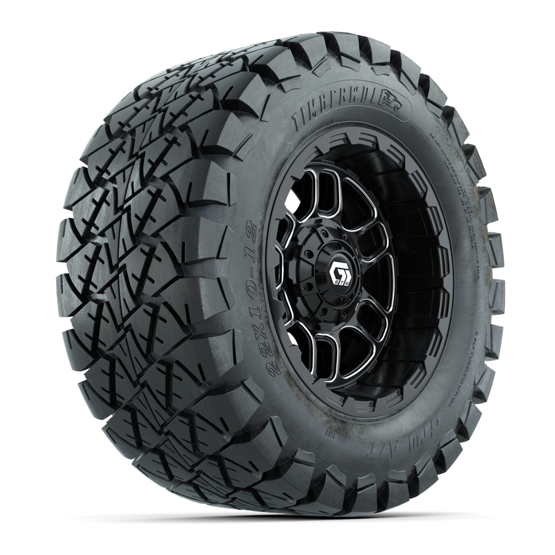 GTW® Titan Black/Machined 12 in Wheels with 22X10-12 Timberwolf All-Terrain Tires – Full Set