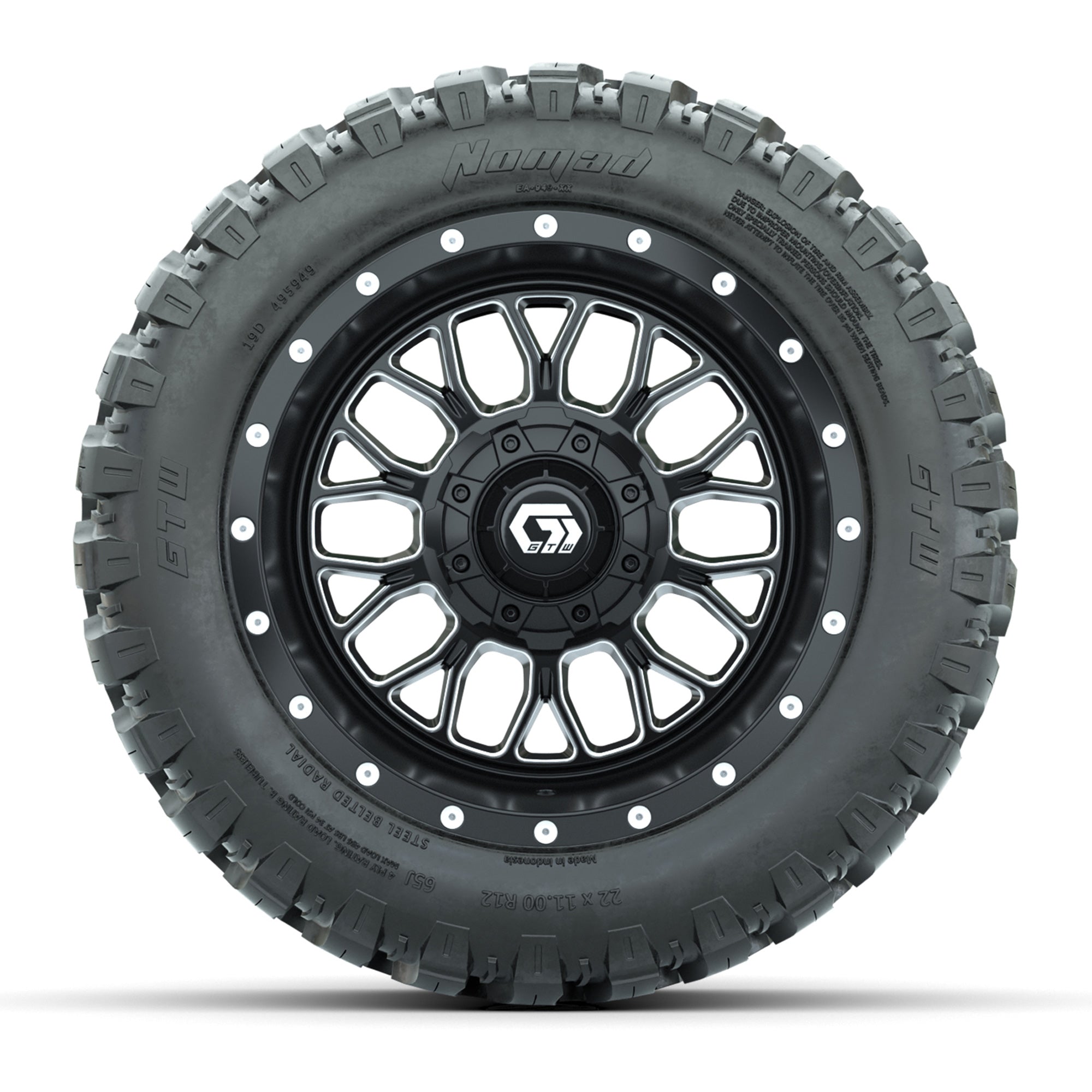 Set of (4) 12 in GTW® Helix Machined & Black Wheels with 22x11-R12 Nomad All-Terrain Tires