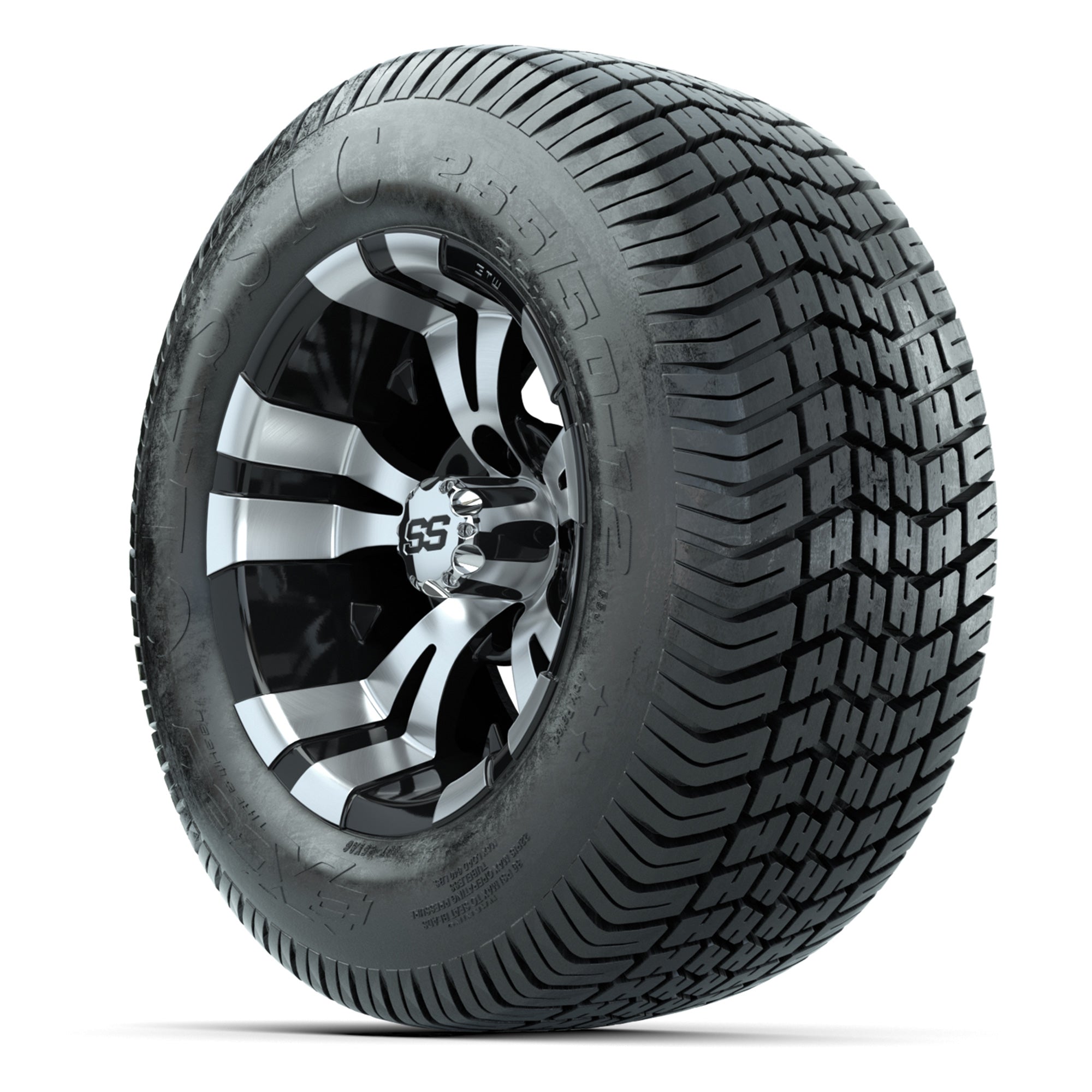 GTW® Vampire Black/Machined 12 in Wheels with 255/50-12 Excel Classic Street Tires – Full Set