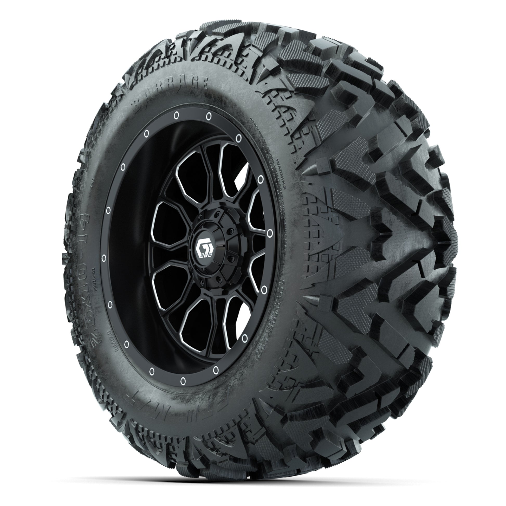 GTW Volt Black/Machined 14 in Wheels with 25x10-14 Barrage M - 3/4 view