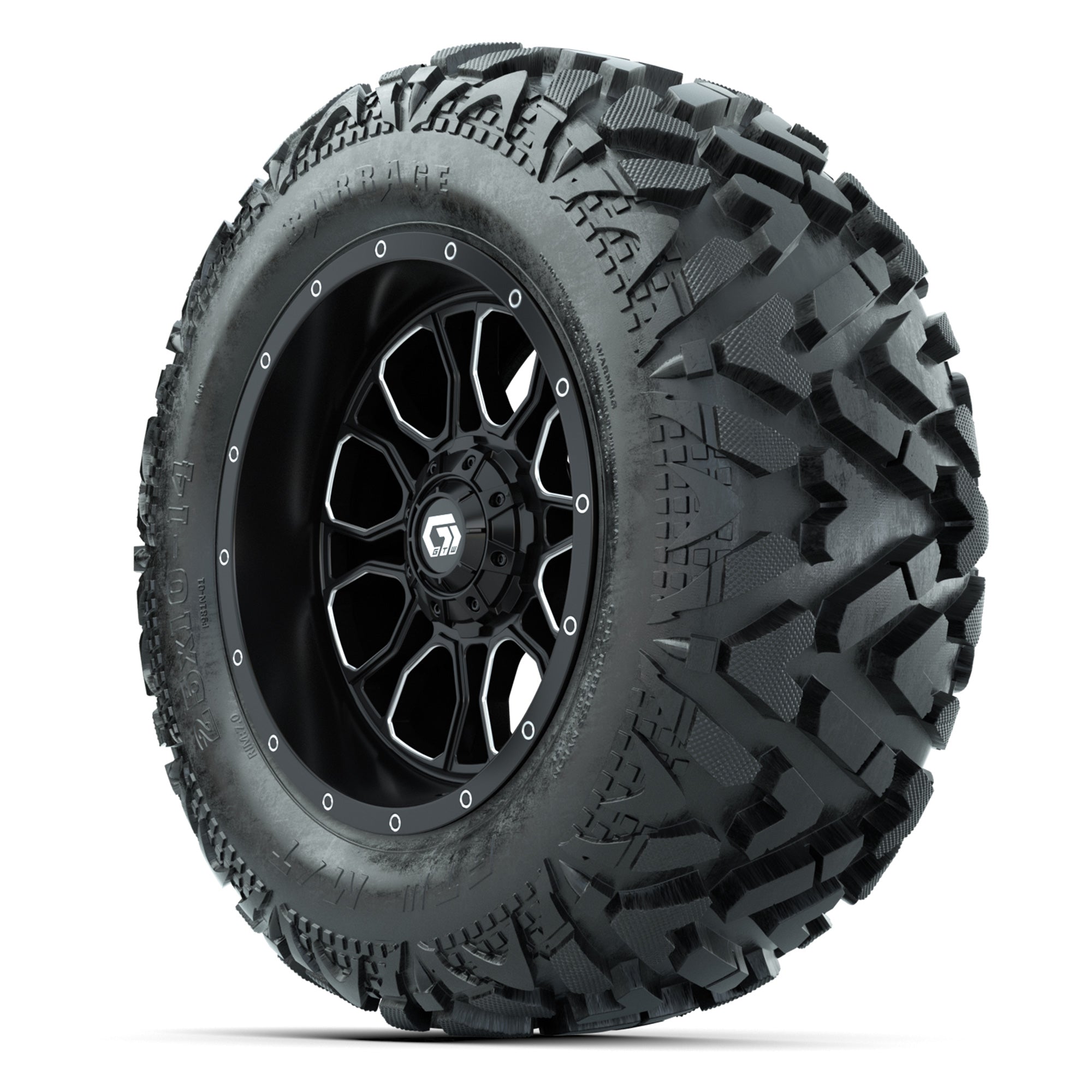 GTW Volt Black/Machined 14 in Wheels with 25x10-14 Barrage M - 3/4 view